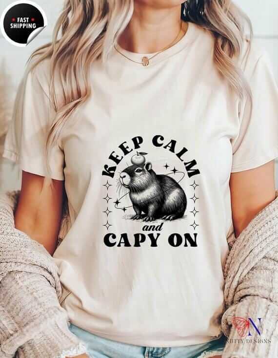 Capybara T-Shirt – Cute Animal Lover Shirt | Soft Cotton Tee, Keep Calm Capy On