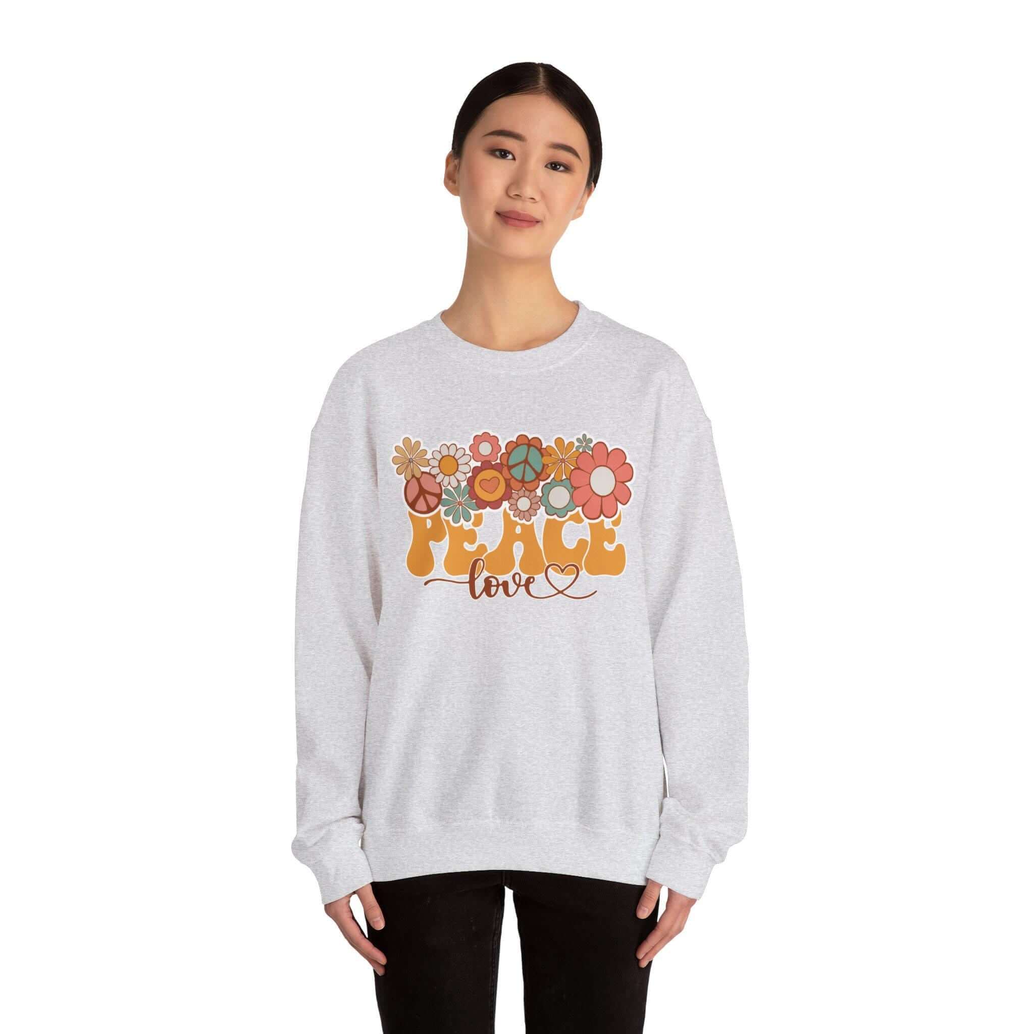 Boho Peace Love Sweatshirt - Unisex Midweight Cozy Fleece Pullover With Rib-Knit Cuffs