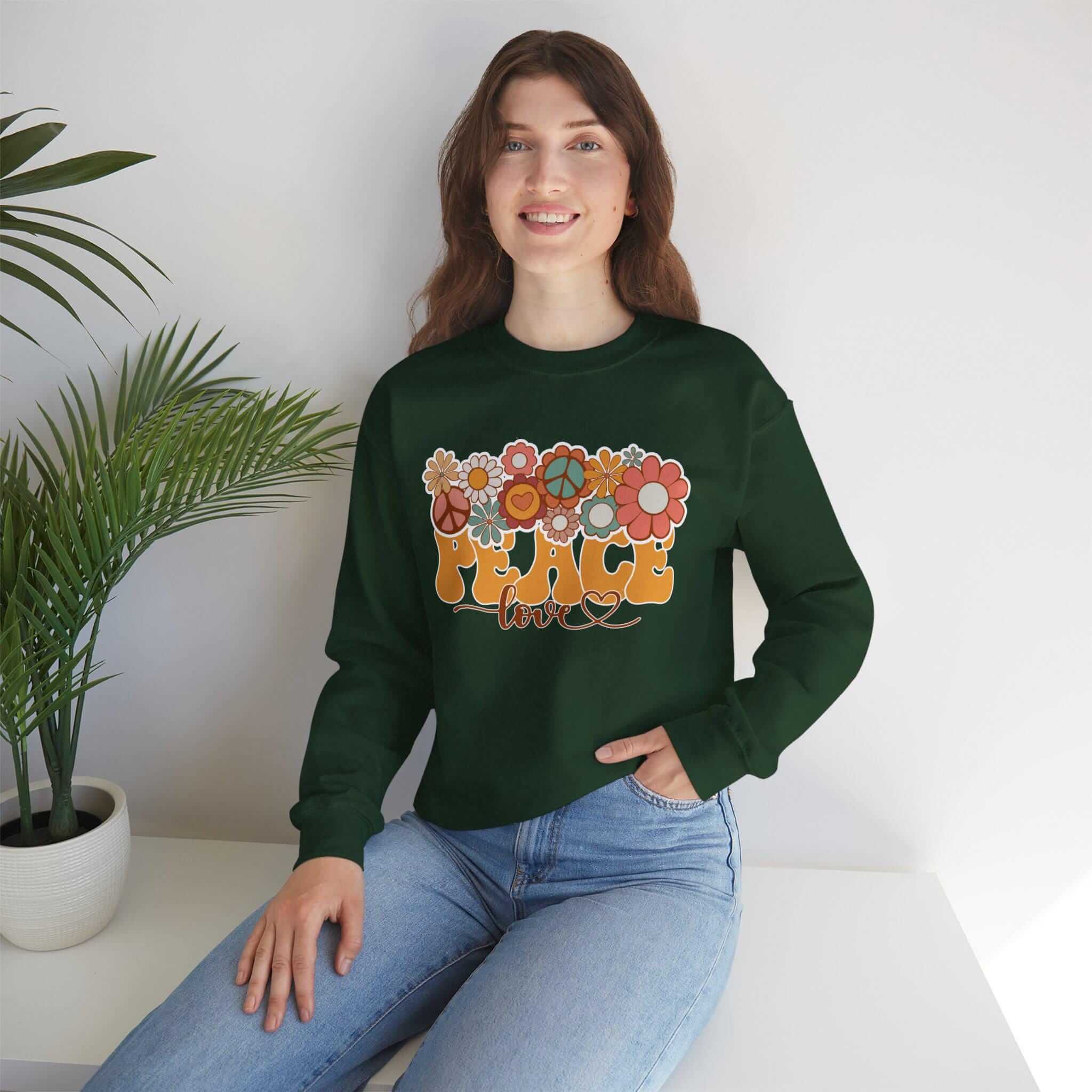 Boho Peace Love Sweatshirt - Unisex Midweight Cozy Fleece Pullover With Rib-Knit Cuffs