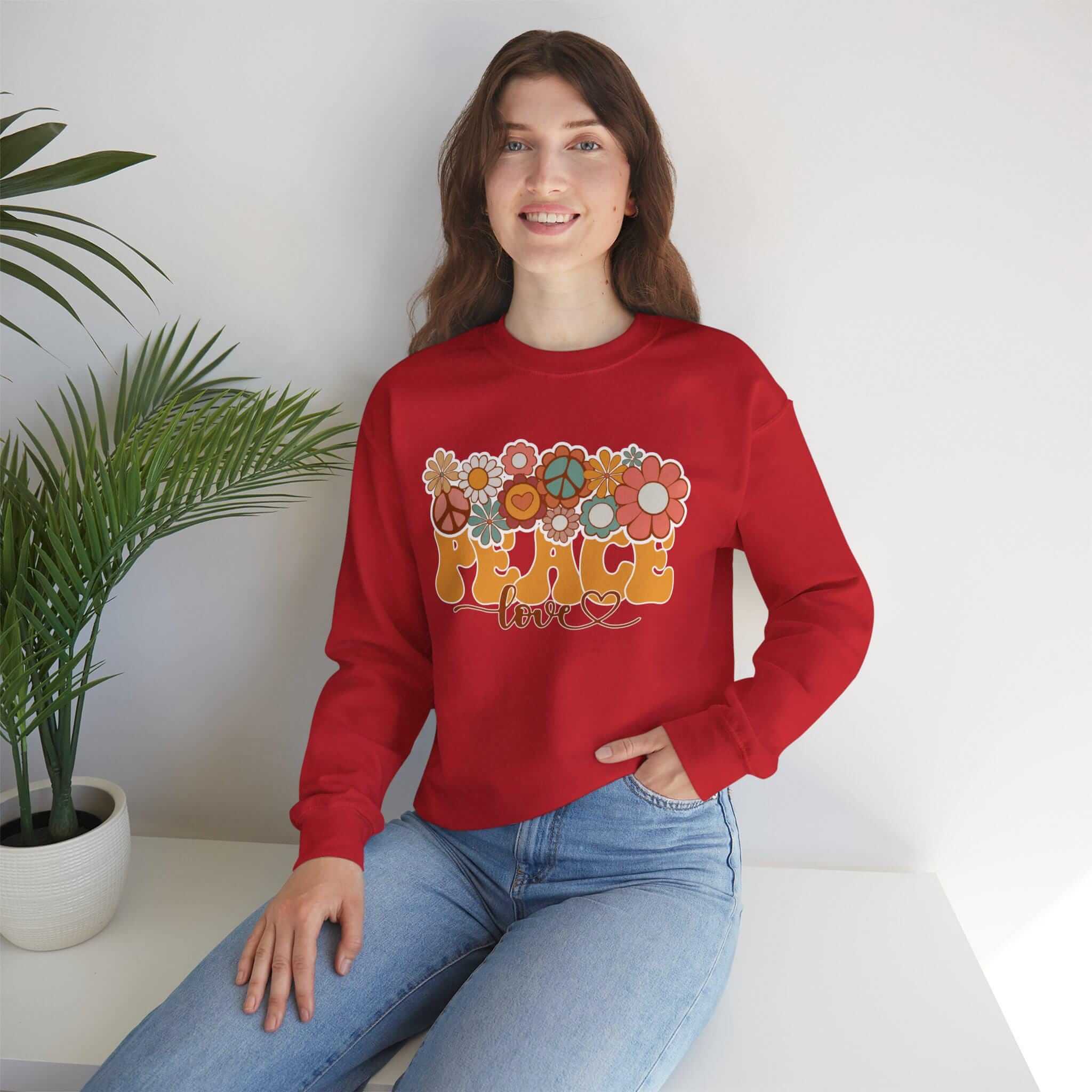 Boho Peace Love Sweatshirt - Unisex Midweight Cozy Fleece Pullover With Rib-Knit Cuffs