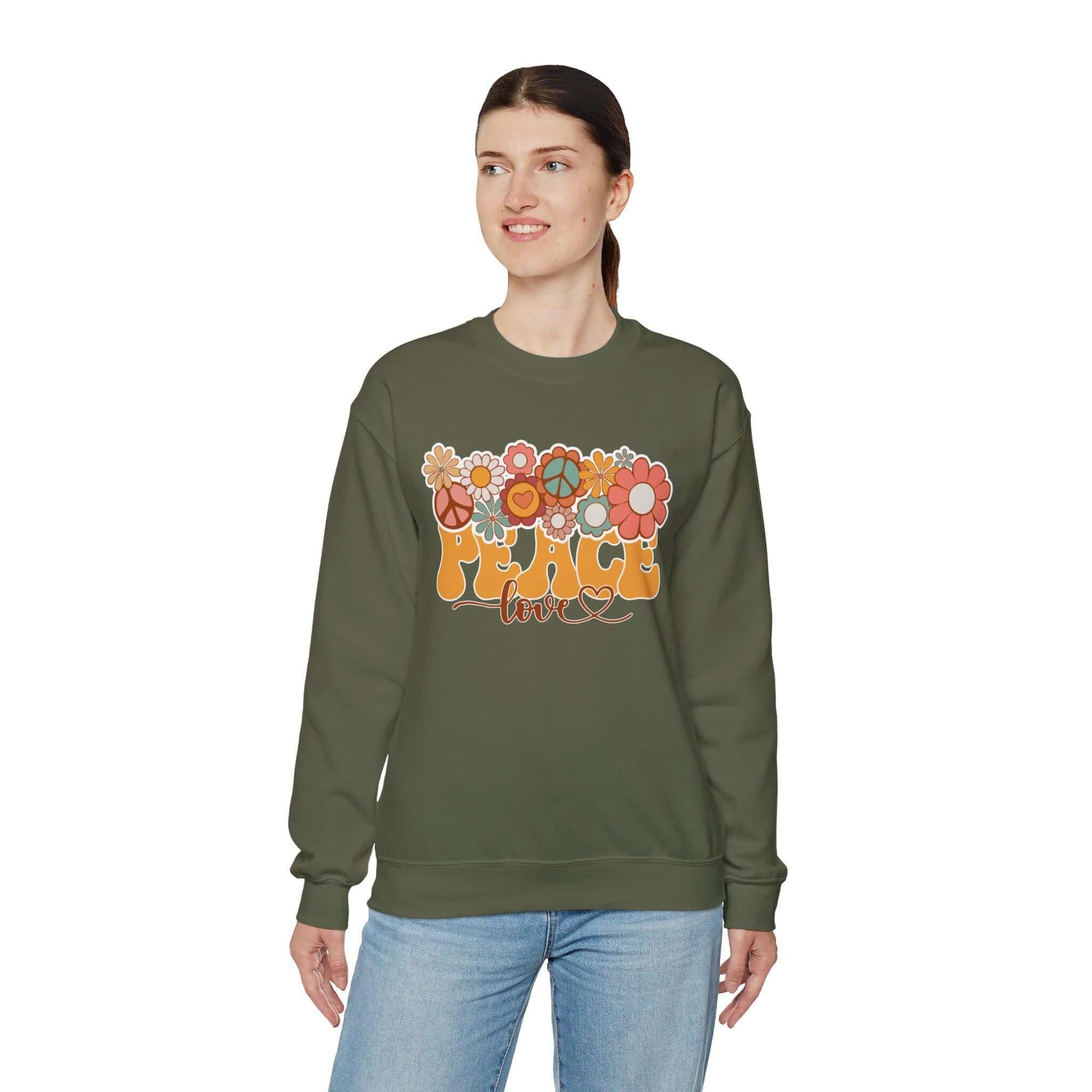 Boho Peace Love Sweatshirt - Unisex Midweight Cozy Fleece Pullover With Rib-Knit Cuffs