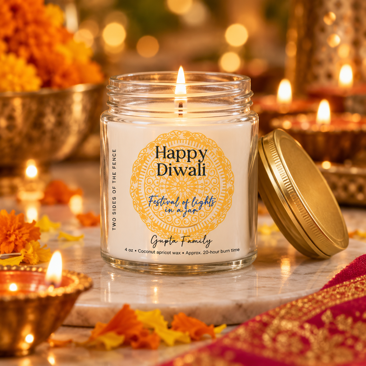 Personalized Diwali Candle – Rangoli Festival of Lights Gift, Custom Family Name, 4 oz or 9 oz