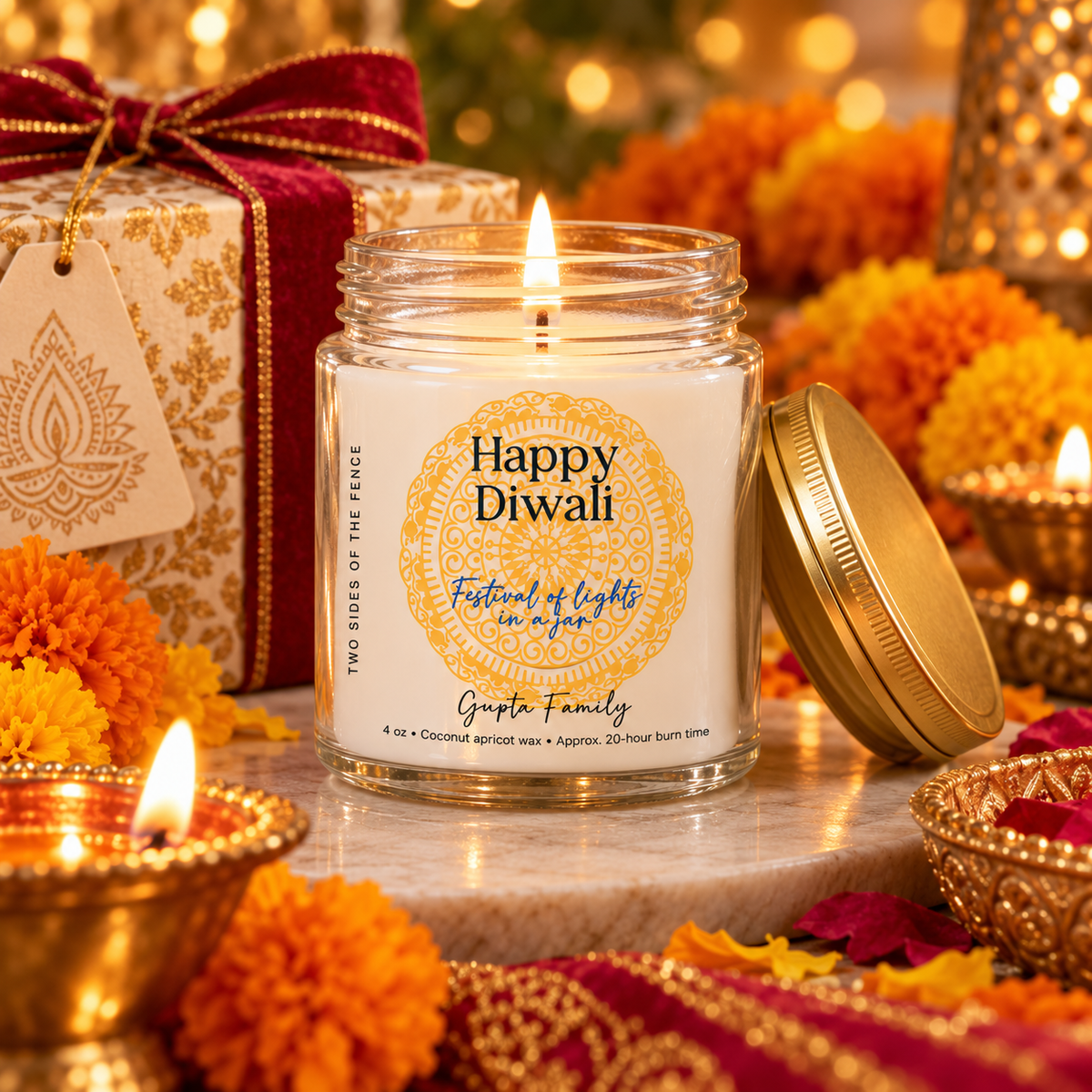 Personalized Diwali Candle – Rangoli Festival of Lights Gift, Custom Family Name, 4 oz or 9 oz