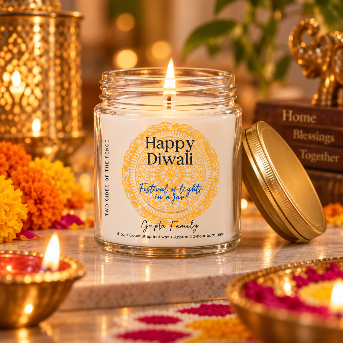 Personalized Diwali Candle – Rangoli Festival of Lights Gift, Custom Family Name, 4 oz or 9 oz