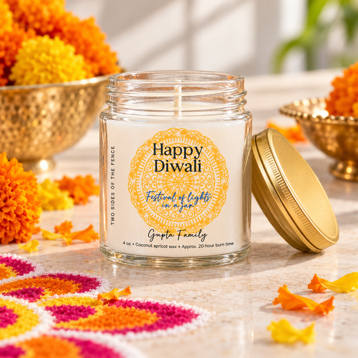 Personalized Diwali Candle – Rangoli Festival of Lights Gift, Custom Family Name, 4 oz or 9 oz