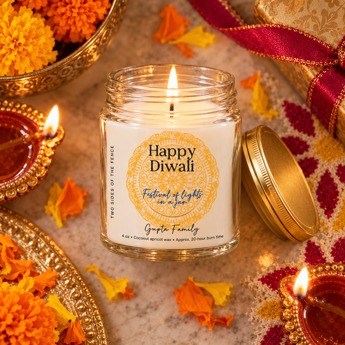 Personalized Diwali Candle – Rangoli Festival of Lights Gift, Custom Family Name, 4 oz or 9 oz