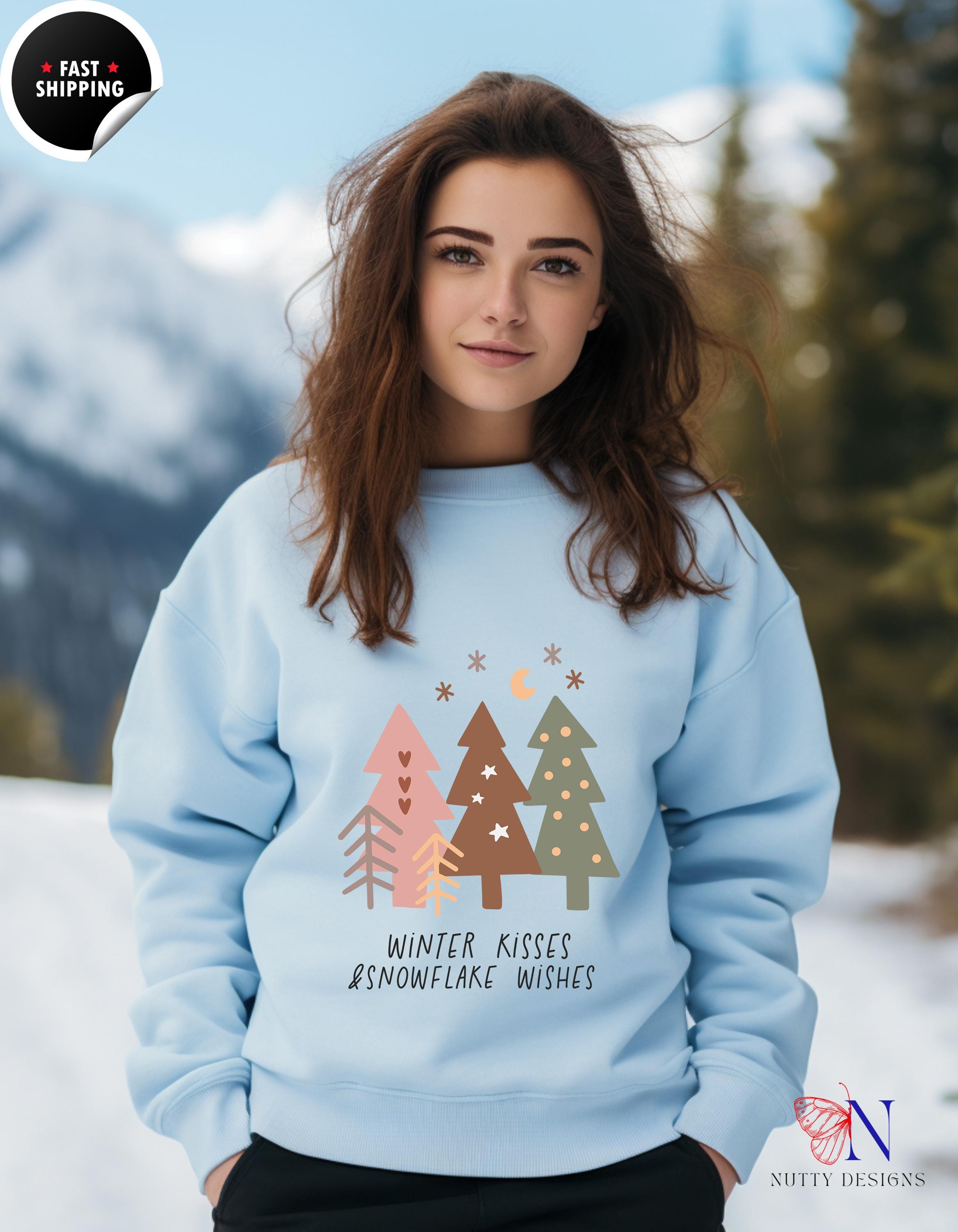 Boho Sweatshirt: Winter Kisses & Snowflake Wishes, Cozy Christmas Apparel, Holiday Gift for Her, Trendy Winterwear