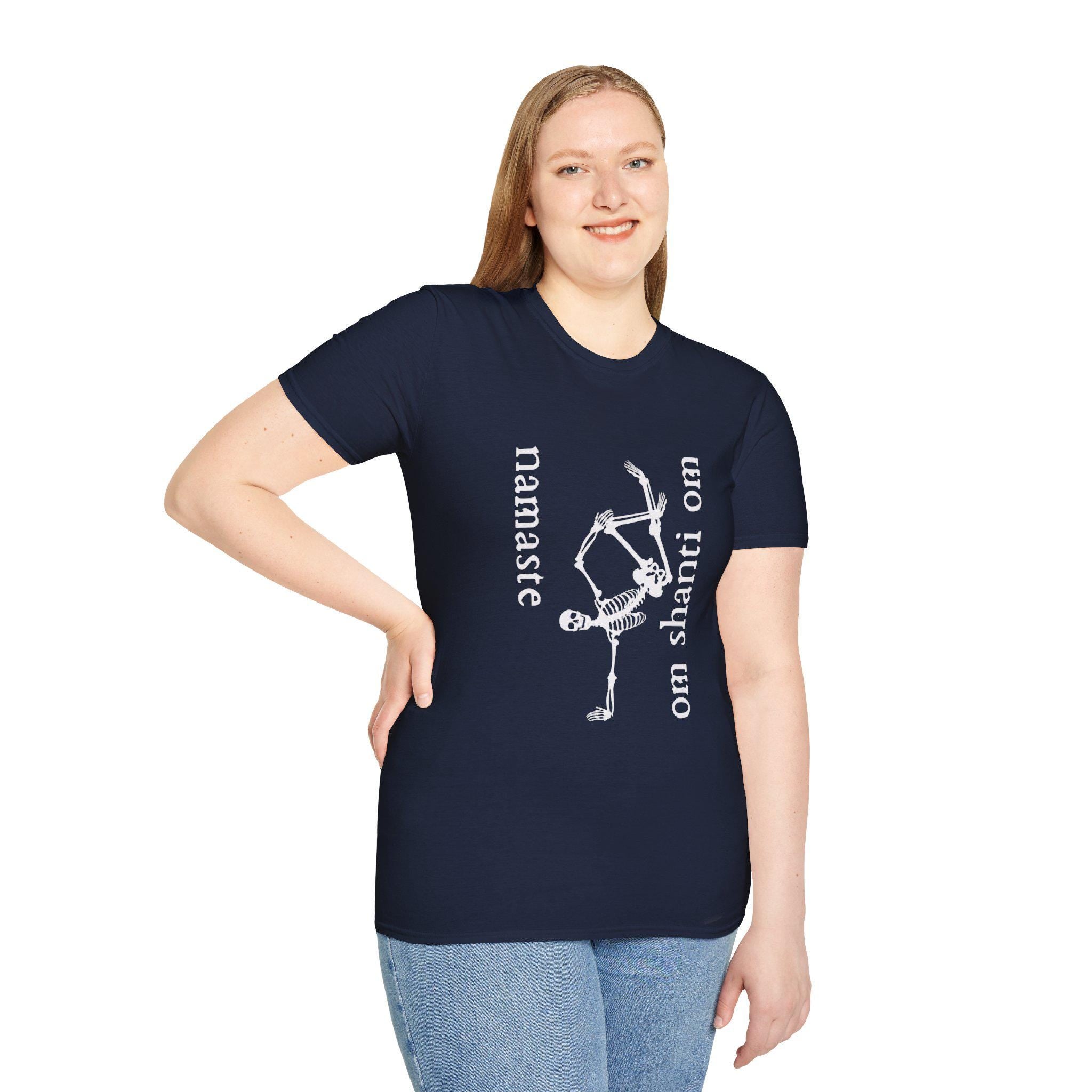 Namaste Om Shanti Om Skeleton T-Shirt | Funny Yoga Tee for Men and Women | Gift for Meditation Lovers & Skeleton Fans