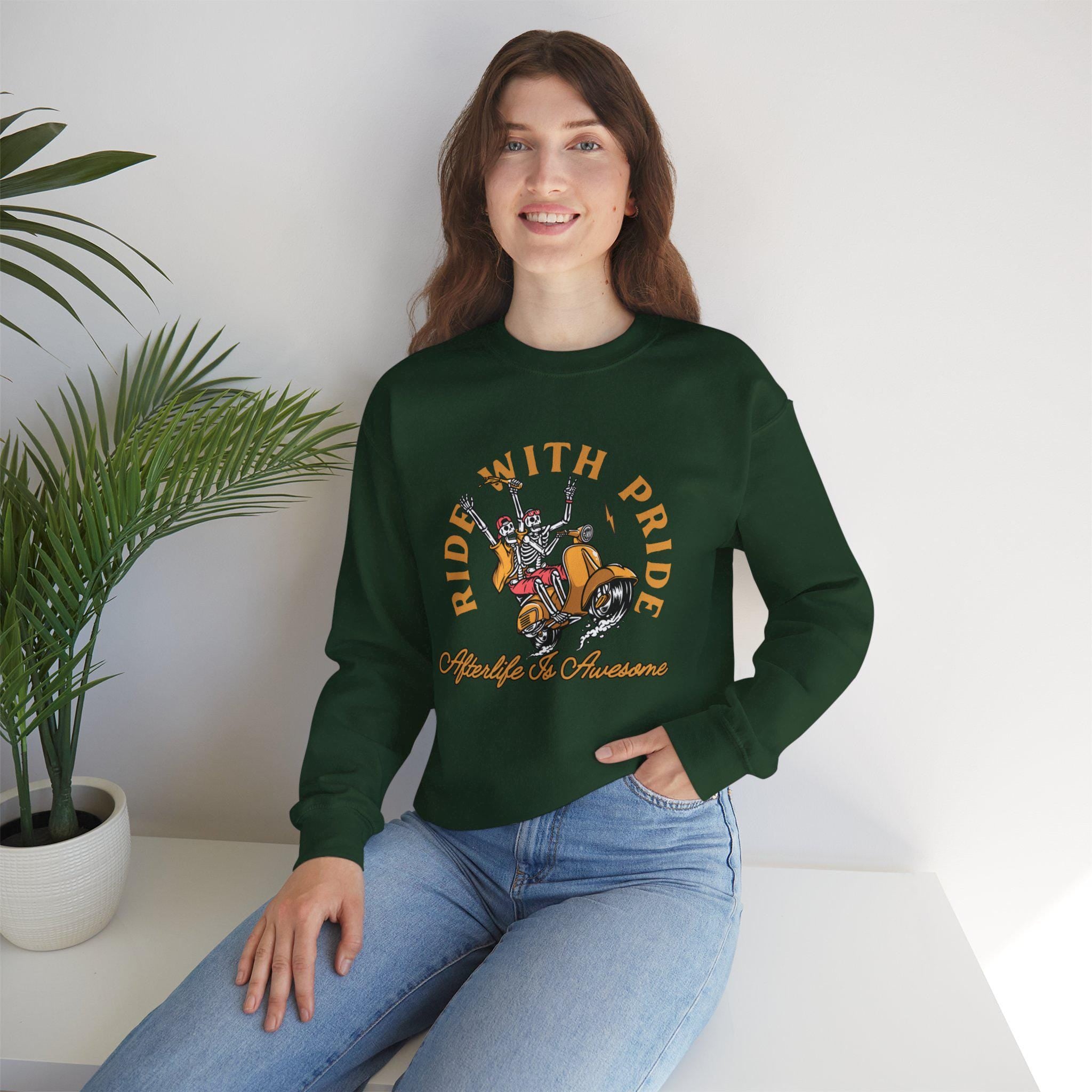 Ride With Pride Sweatshirt | Afterlife Is Awesome Skeleton | LGBTQ Funny Fall Autumn Diversity Apparel