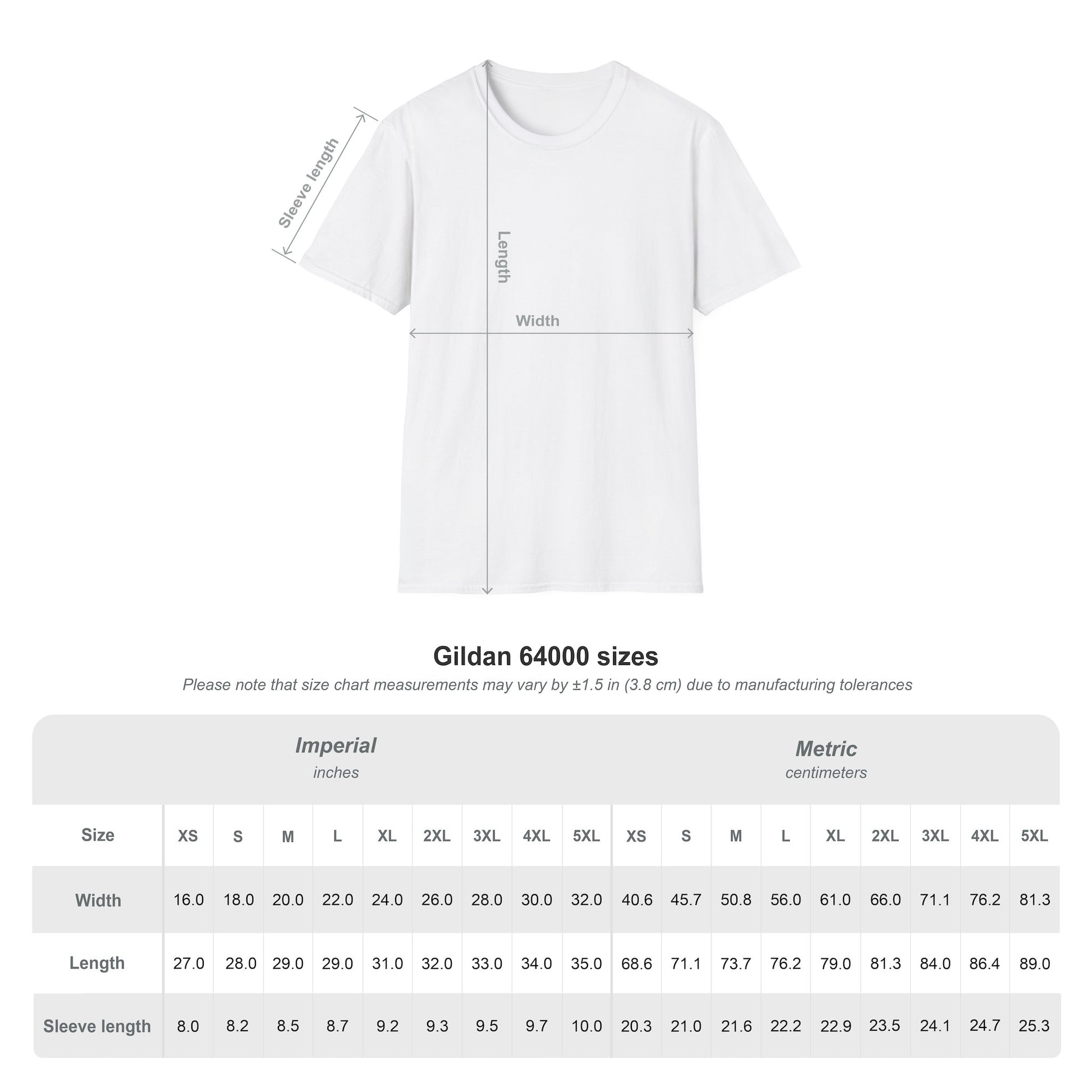 Size chart for mountain biking retro t-shirt on Gildan 64000, showing measurements in inches and centimeters.