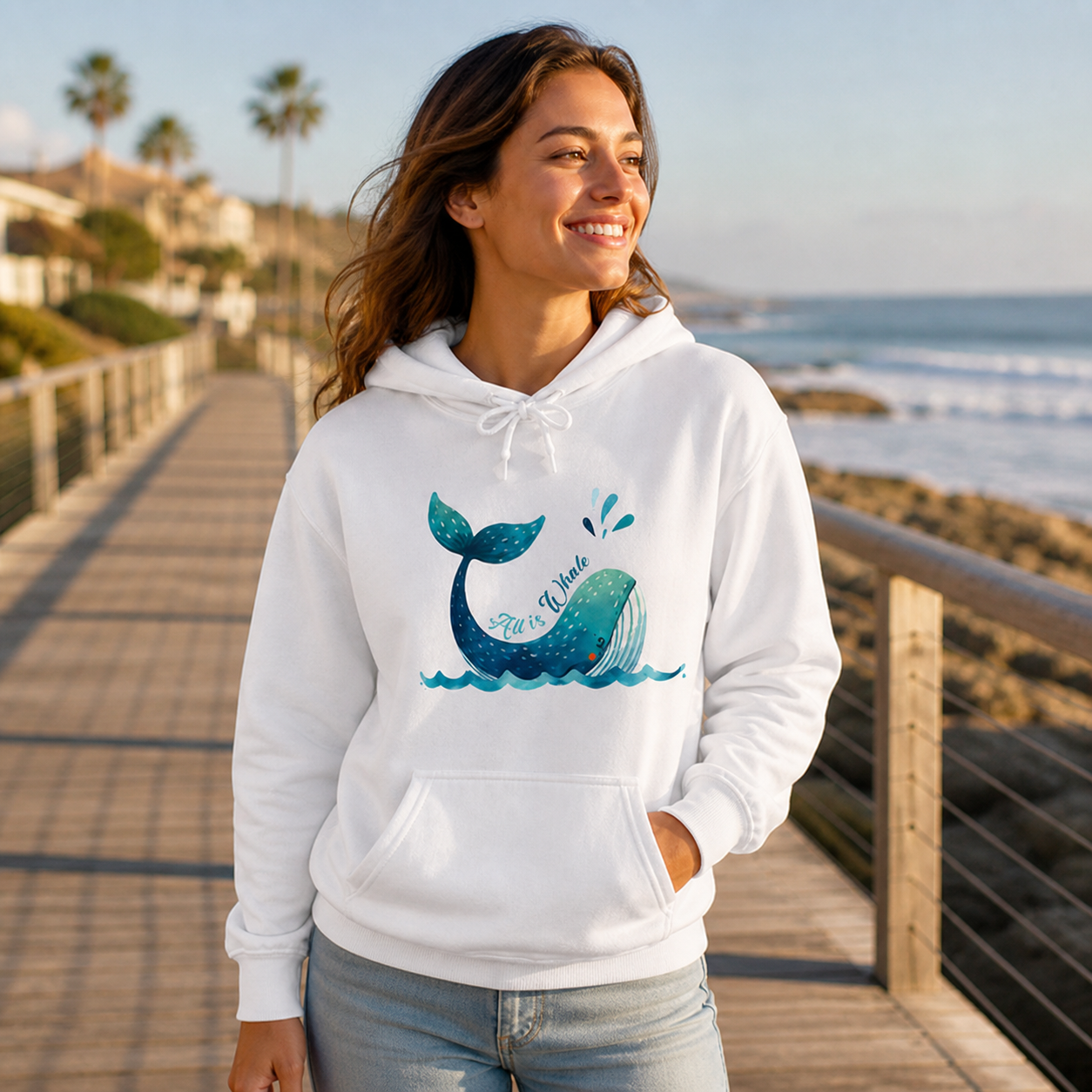 Young woman wearing All Is Whale watercolor hoodie on a coastal boardwalk