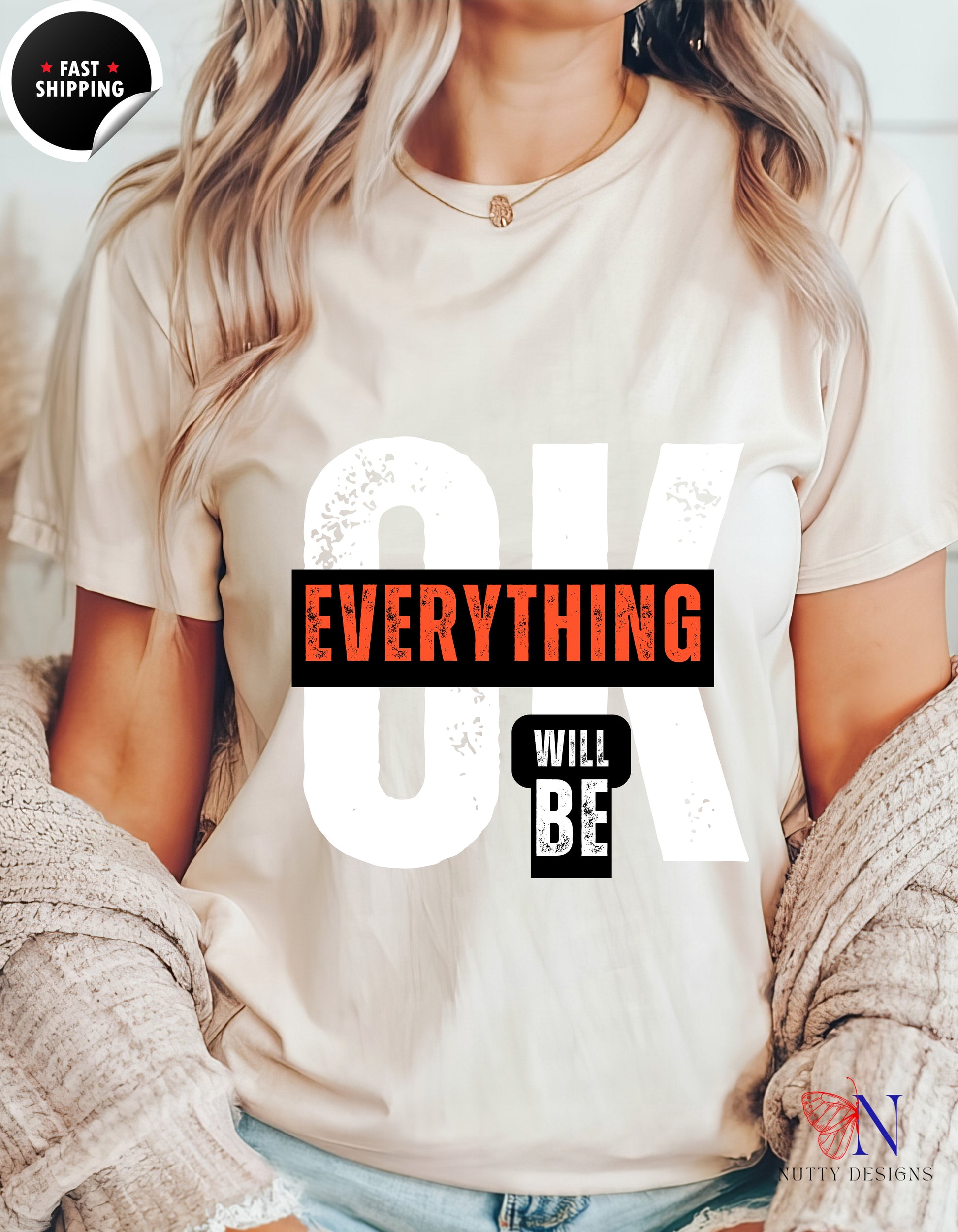 Everything Will Be Ok Positivity T-Shirt Lifestyle Mockup | Nutty Designs