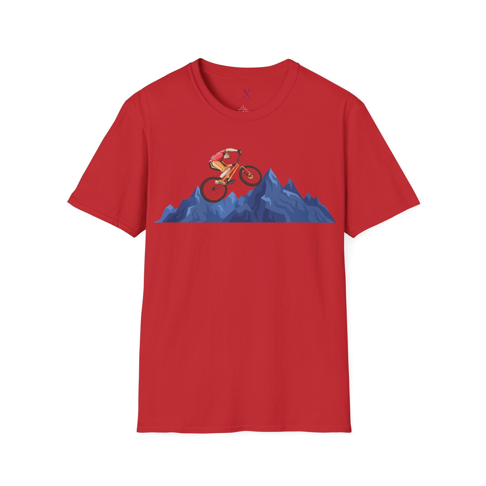 Red mountain biking retro t-shirt with vintage cyclist graphic, ideal for unisex biking apparel enthusiasts and riders.