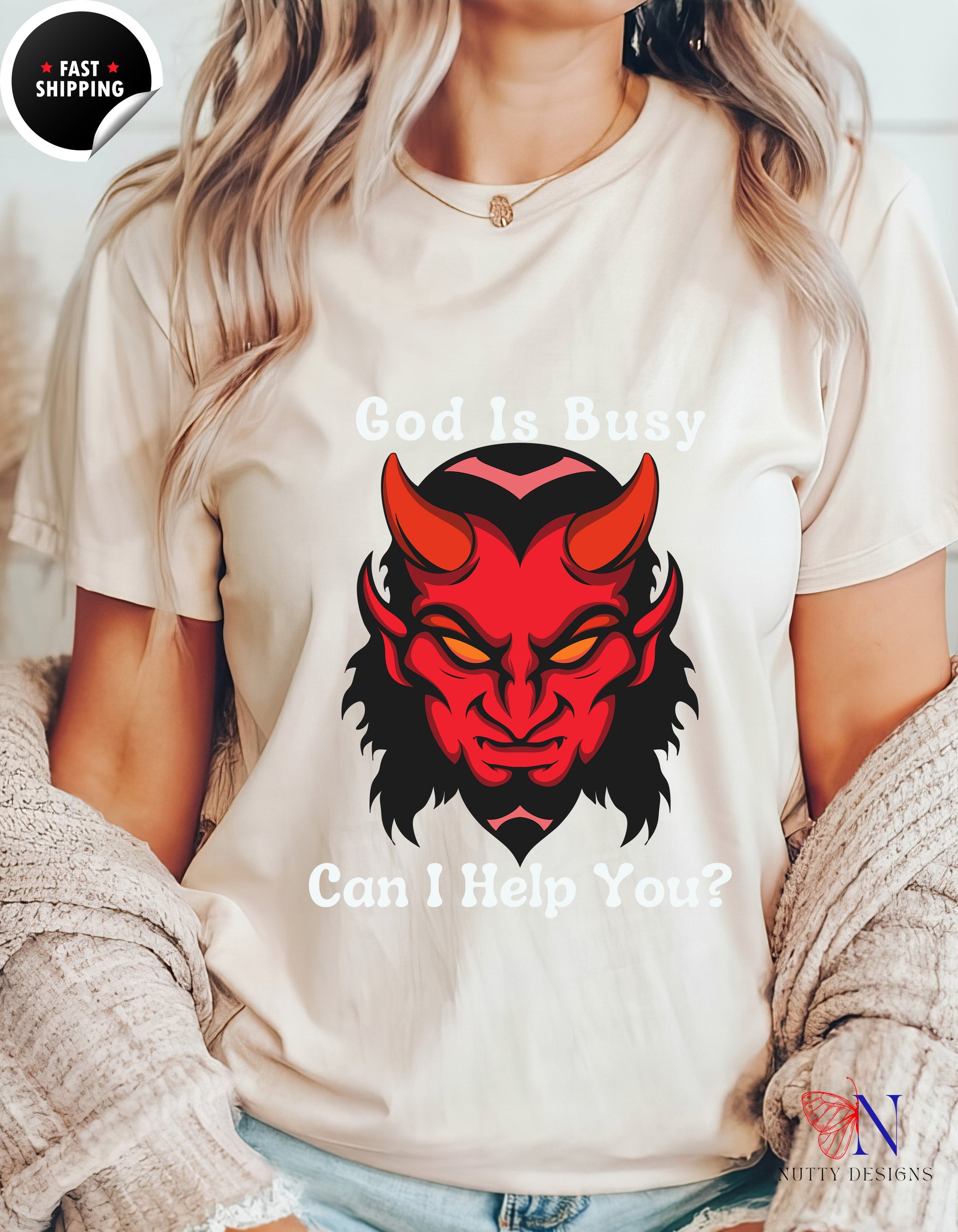 God Is Busy Dark , atheist religious T-Shirt Lifestyle Mockup | Nutty Designs