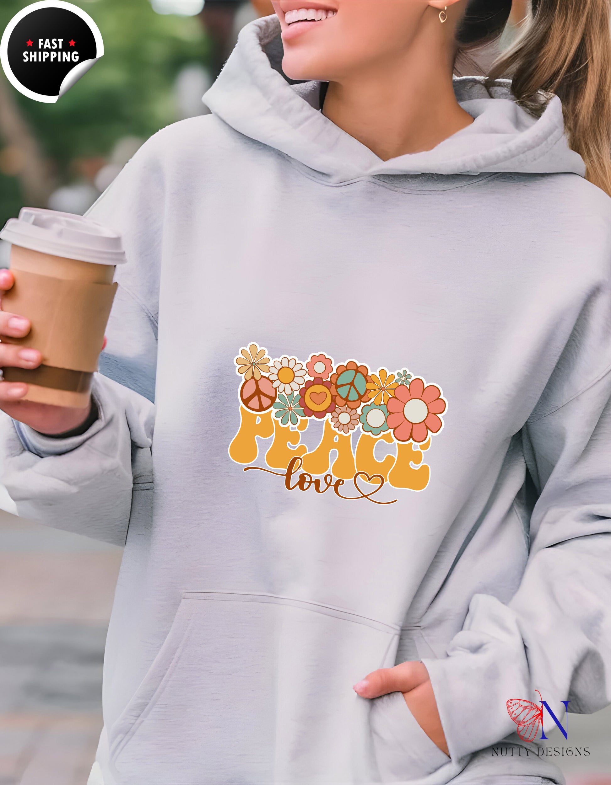 — Retro 'Peace & Love' Floral Graphic Hoodie Lifestyle Mockup | Nutty Designs