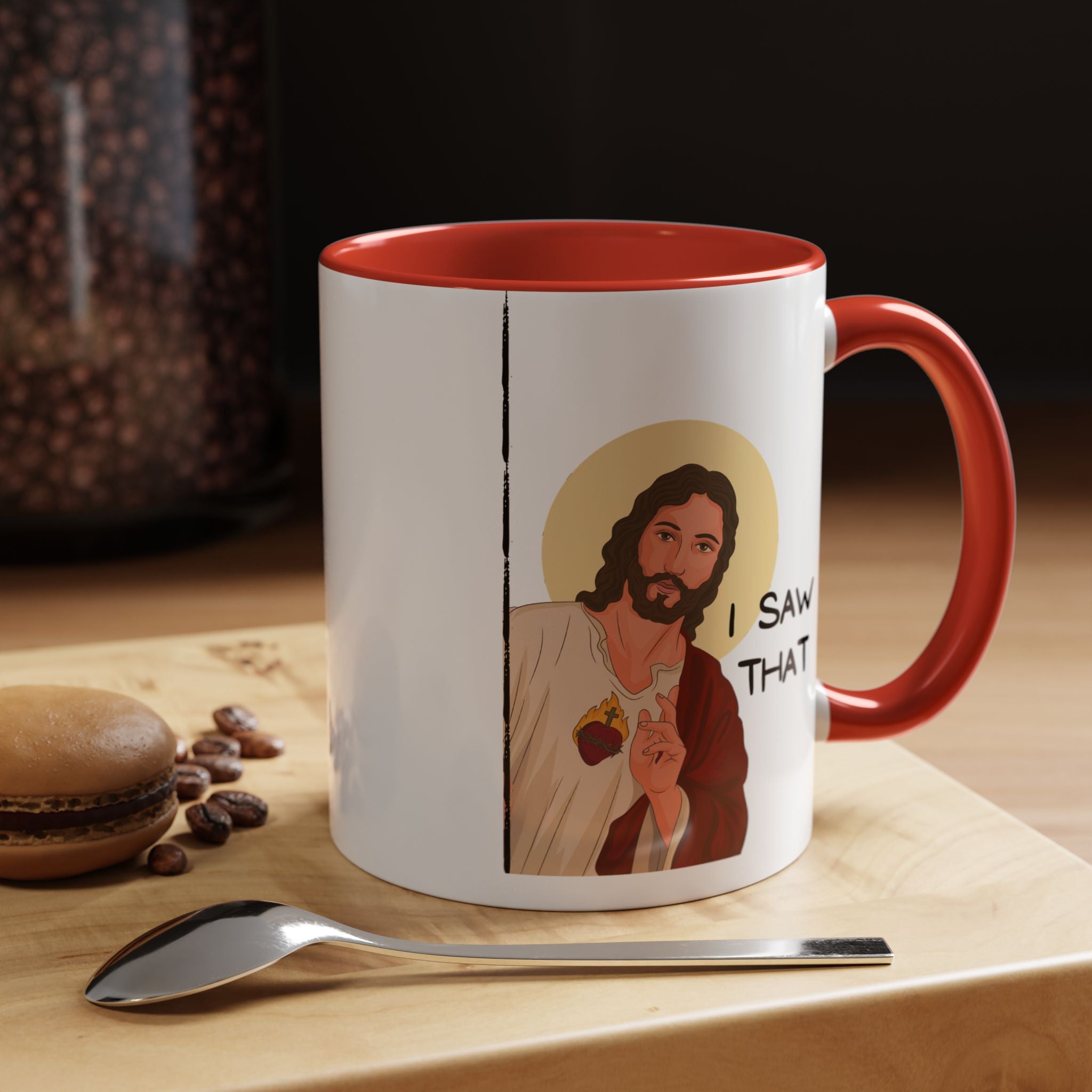 Peeking Jesus, I saw That Funny Coffee Mug, Personalized Mug, Accent Cup (11, 15oz), Gift Under 20, Gift for Atheist, faith based cup