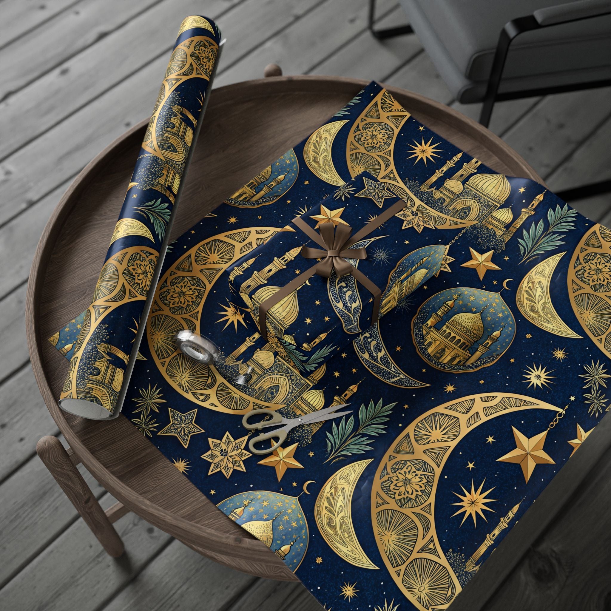 Ramadan Wrapping Paper - Islamic Gift Wrap With Night Sky, Mosque, Golden Crescent Moon, and Stars | celestial night pattern, navy and gold