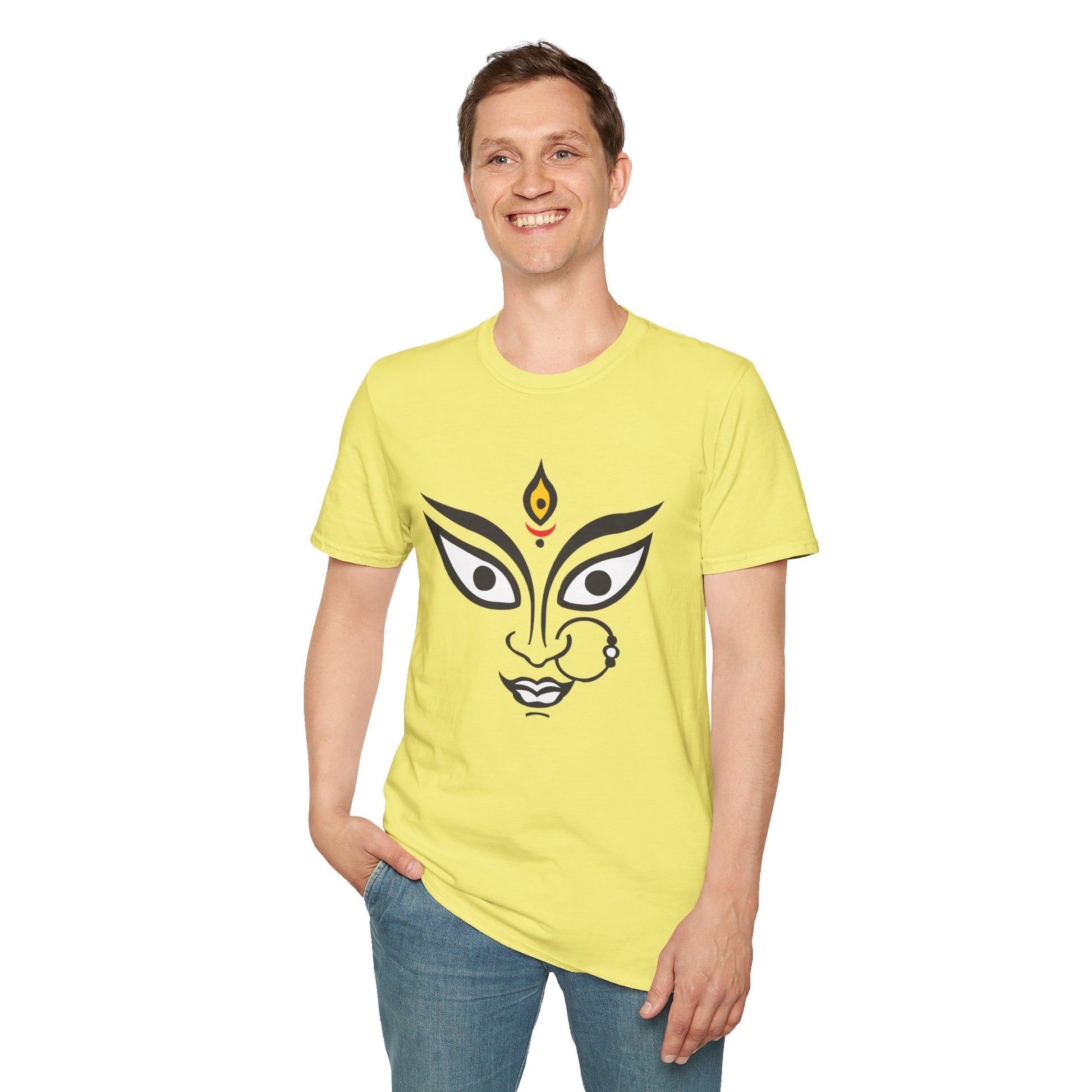 Yellow T-shirt featuring Durga Maa graphic design, perfect gift for Diwali, Navratri, or Durga Pooja, suitable for Hindu followers.