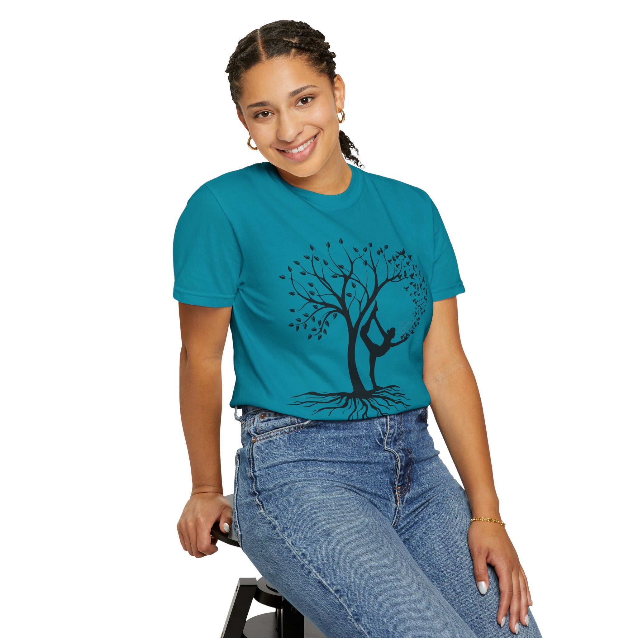 Woman Yoga Tree & Bird Meditation T-Shirt — Calming, Positive Motivational Tee