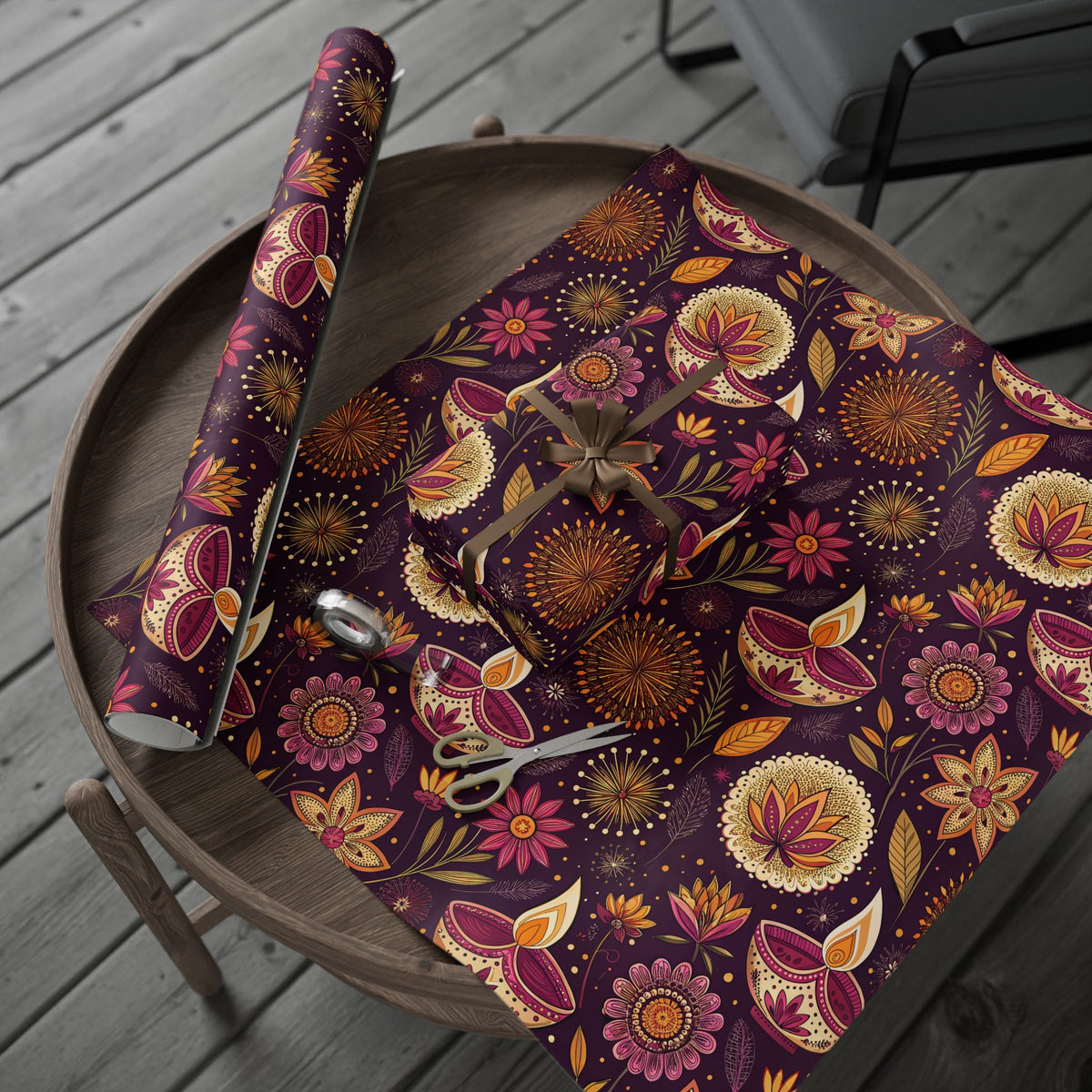 Diwali Wrapping Paper Roll - Purple Diyas & Floral Indian Gift Wrap