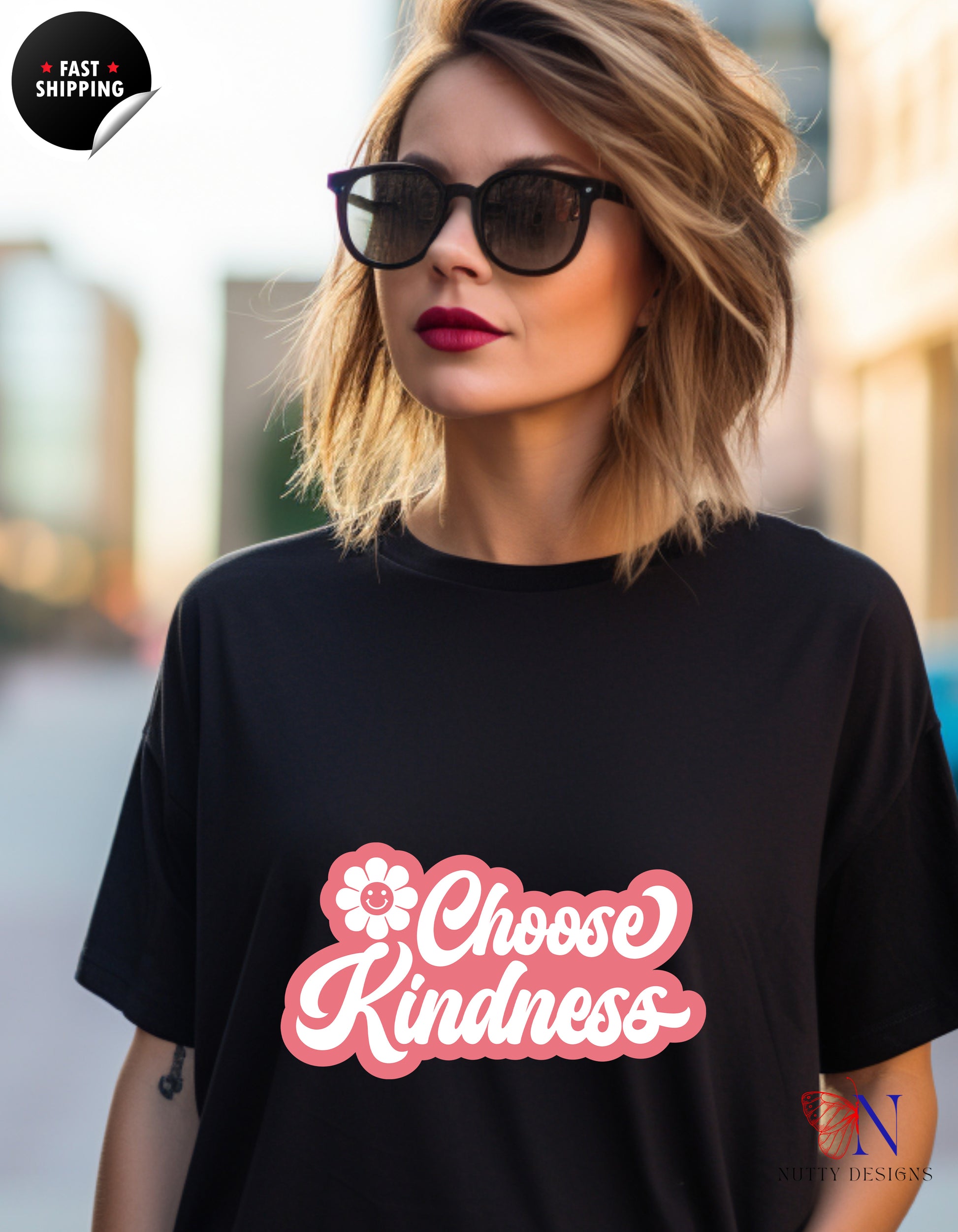 Groovy Choose Kindness Cotton T-Shirt Lifestyle Mockup | Nutty Designs