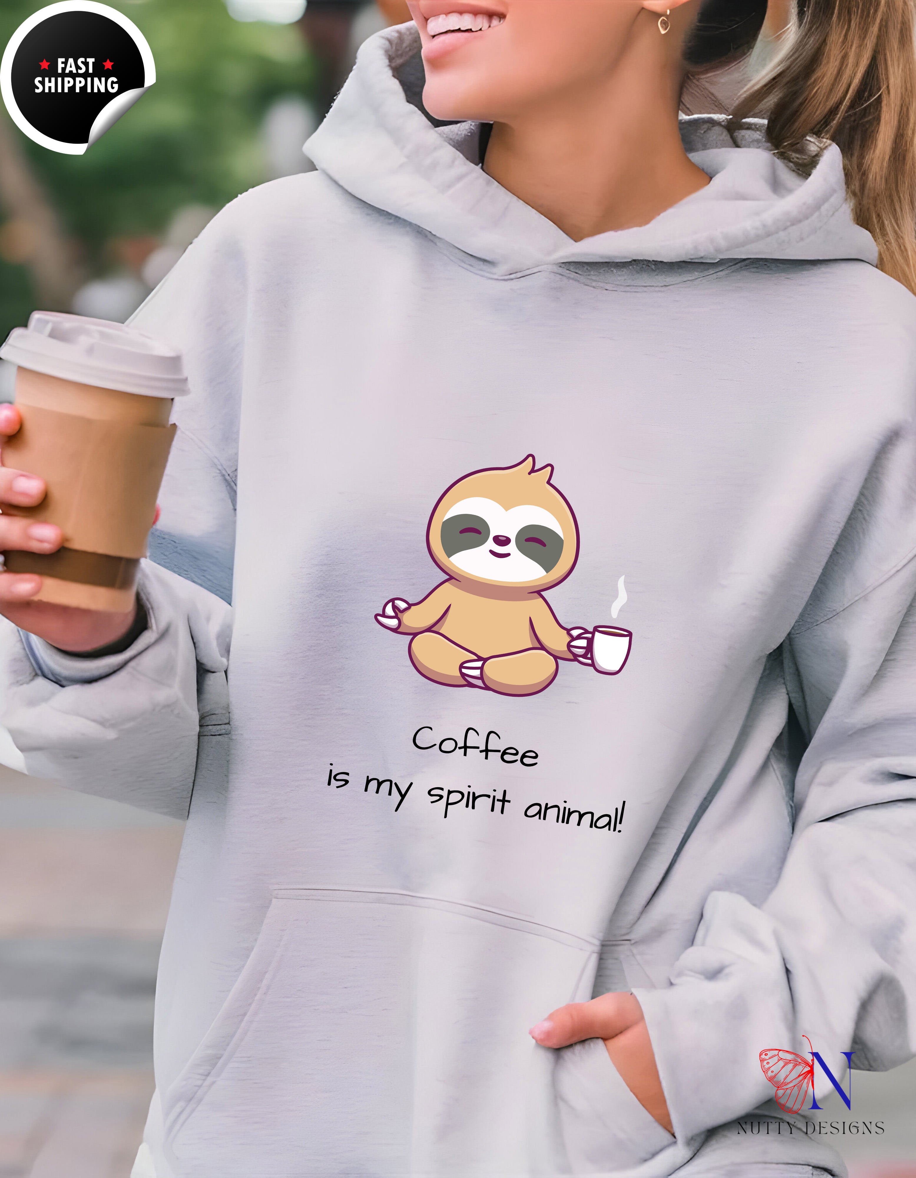 Sloth Coffee — "Coffee is my spirit animal" Cute Cozy Pullover Hoodie Lifestyle Mockup | Nutty Designs