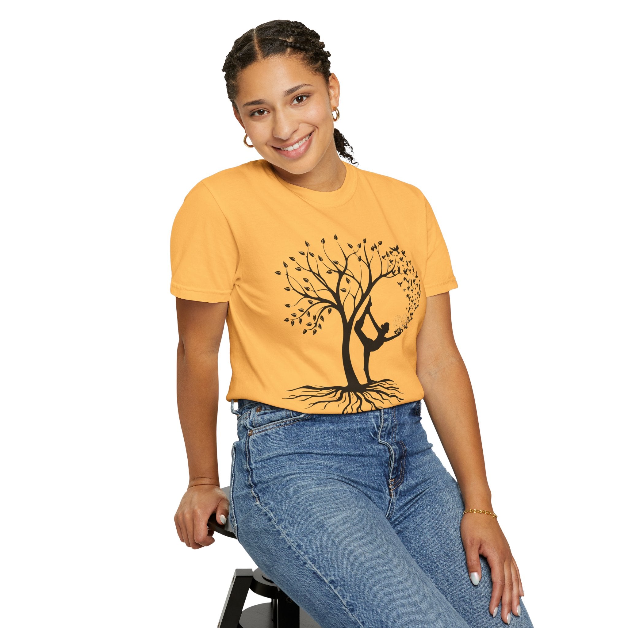 Woman Yoga Tree & Bird Meditation T-Shirt — Calming, Positive Motivational Tee