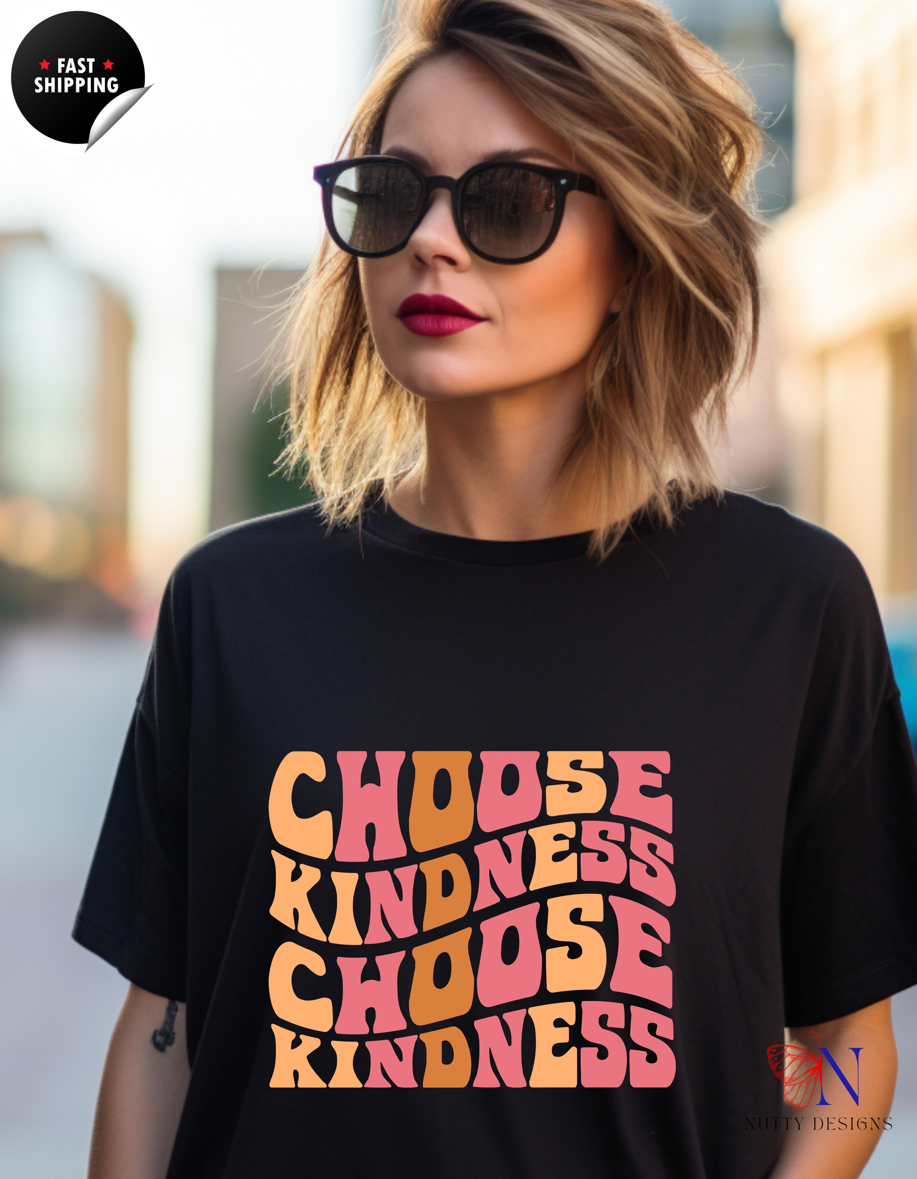 Groovy Choose Kindness Cotton T-Shirt Lifestyle Mockup | Nutty Designs