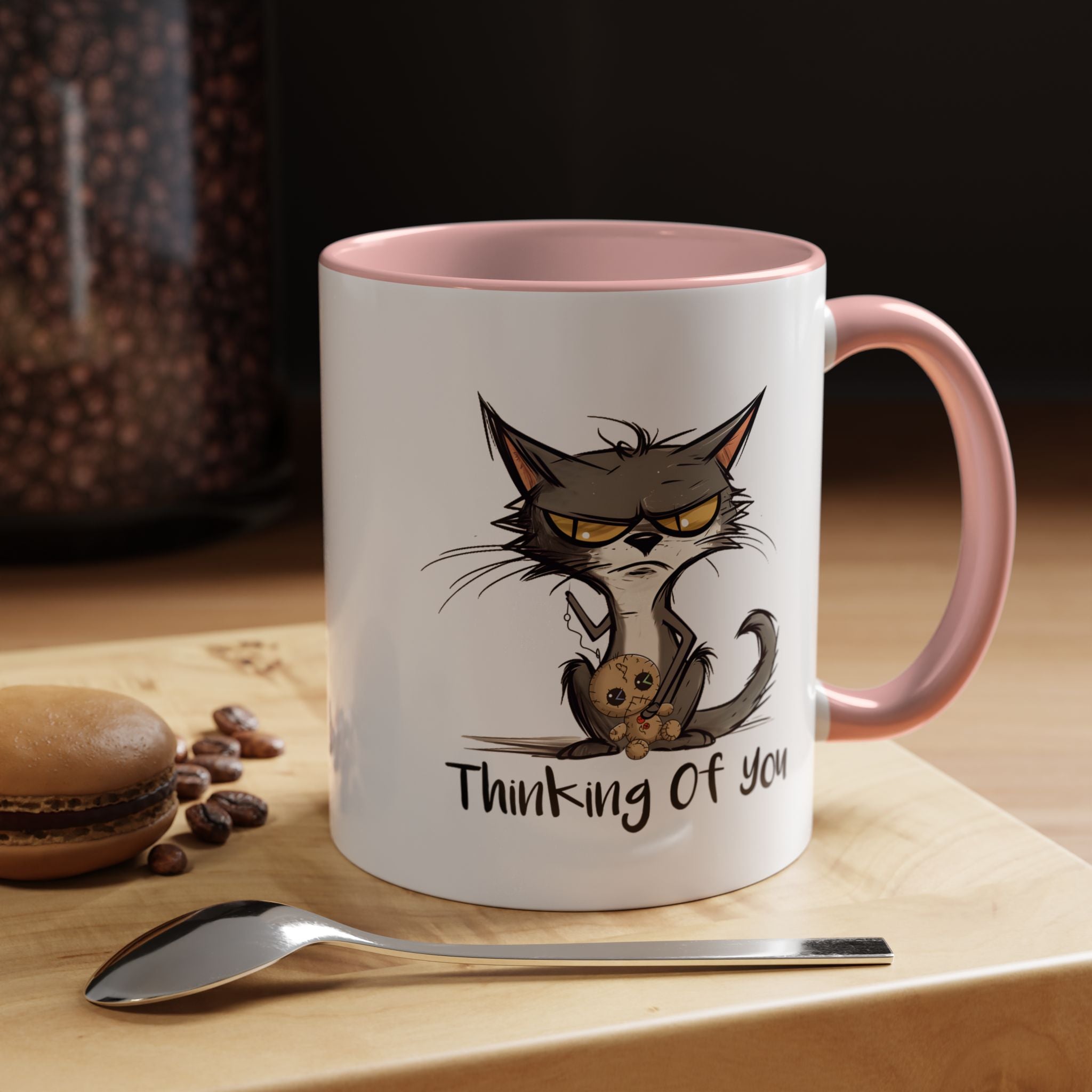 Funny Coffee Mug, Personalized Mug, Thinking Of You, Grumpy Cat Holding Voodoo Doll  Accent Cup (11, 15oz), Gift Under 20, White Elephant