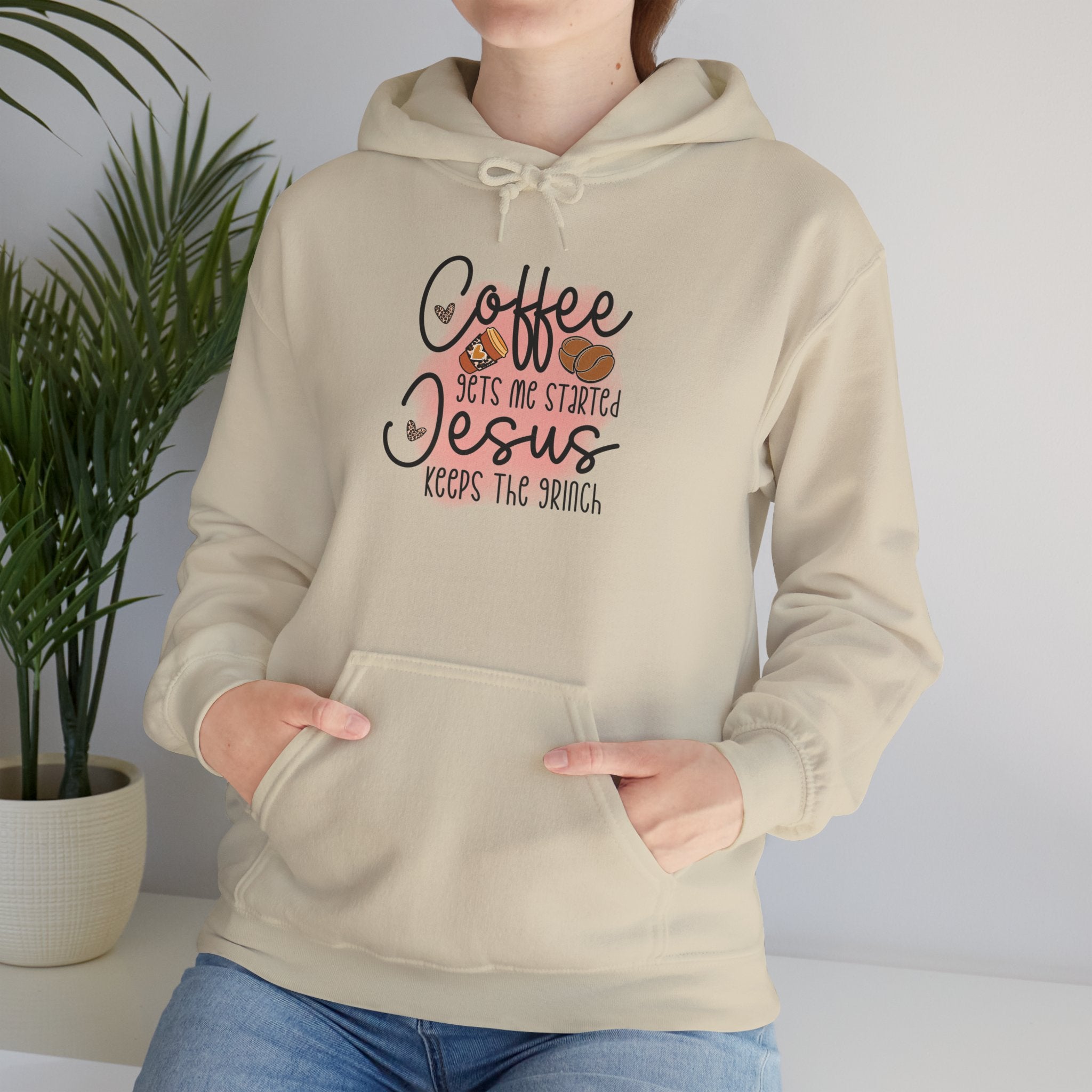 Coffee Jesus Hoodie — "Coffee Gets Me Started, Jesus Keeps The Switch" Christian Graphic Sweatshirt