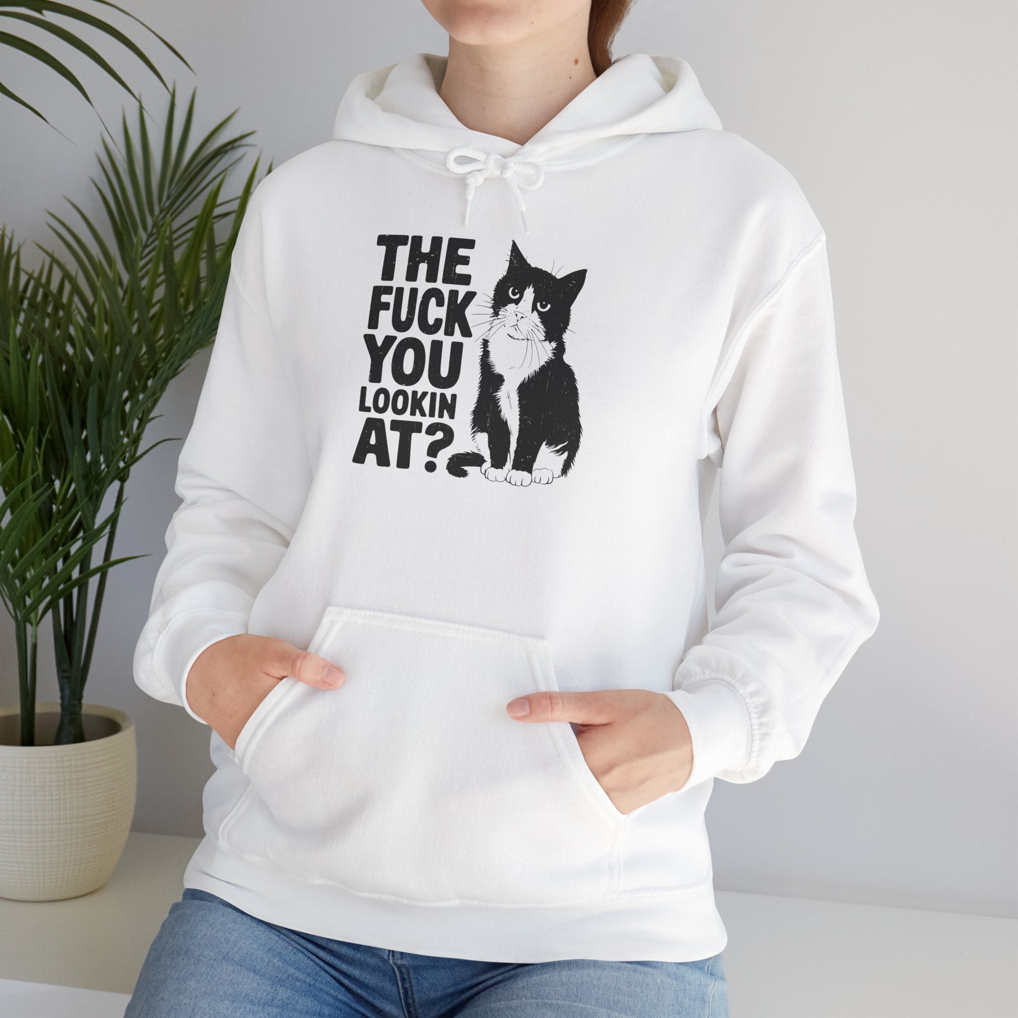 Graphic Hoodie — 'The Fuck You Lookin' At?' Cat Print Hooded Sweatshirt