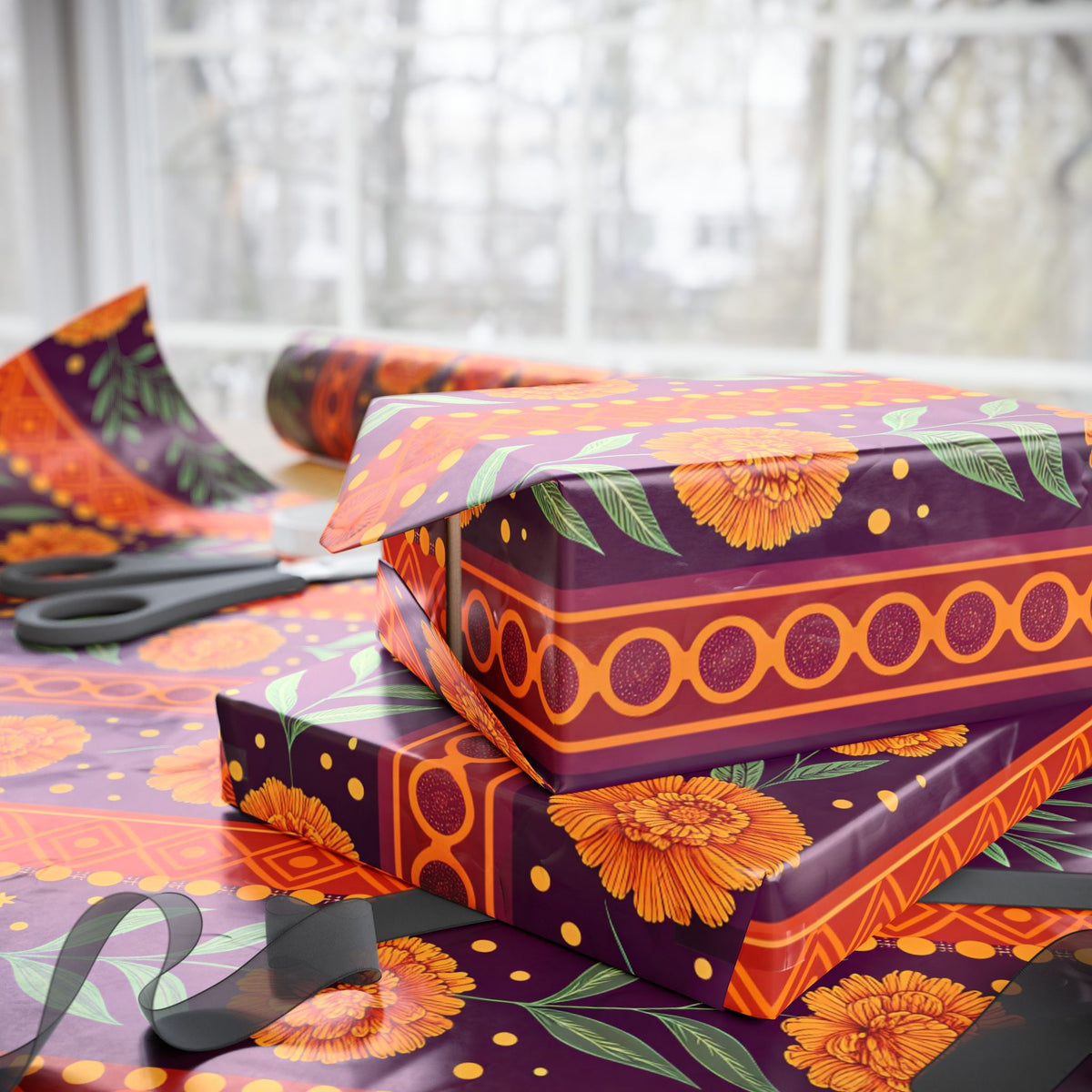 Diwali Wrapping Paper Roll - Marigold Festive Stripe Indian Gift Wrap
