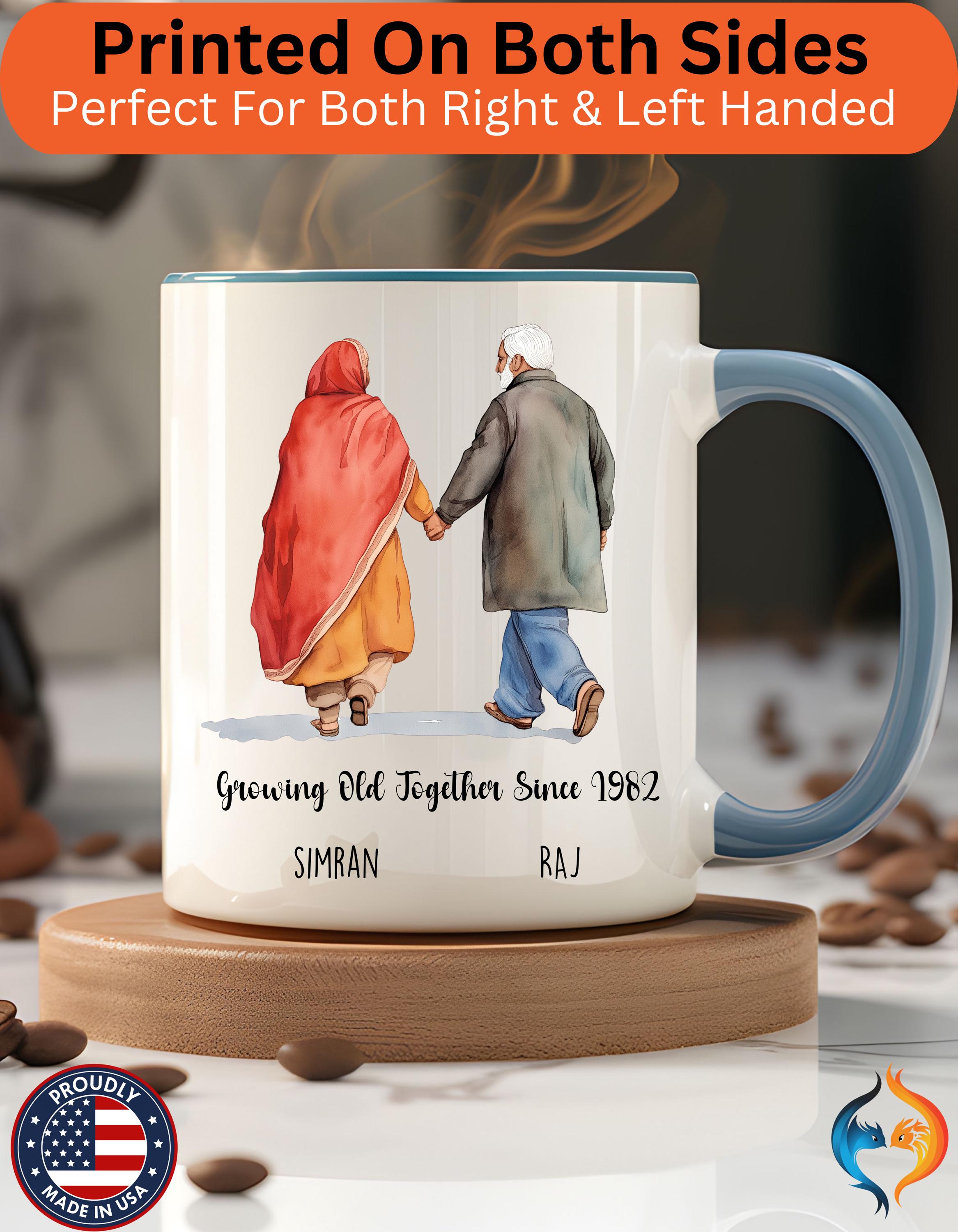 Funny Coffee Mug, Personalized Mug, Growing Old Together Since Indian Couple Accent Cup 11/15oz, Anniversary, Wedding, Romantic For Him her