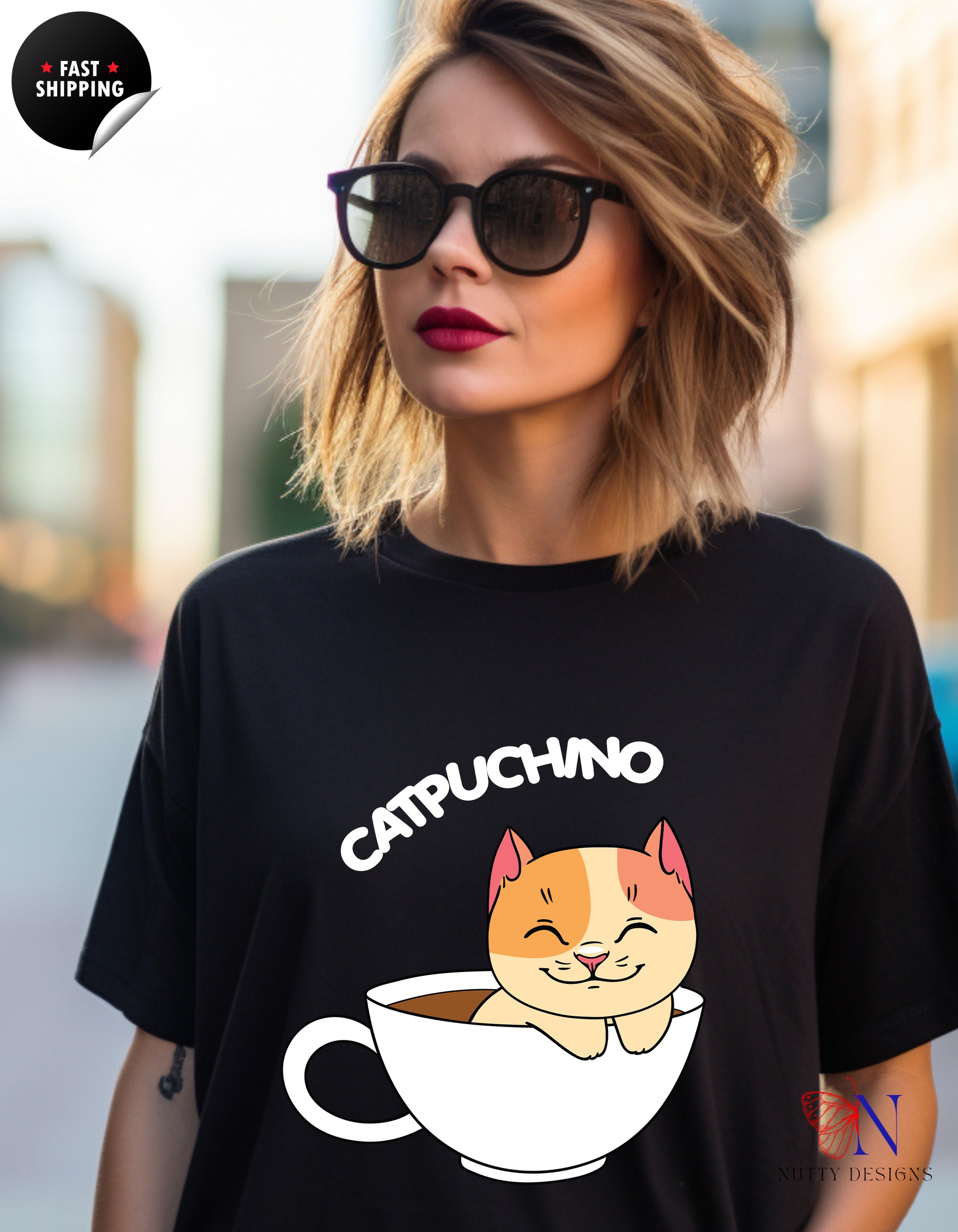 Cat Coffee Lover Shirt, Catpuchino T-Shirt Lifestyle Mockup | Nutty Designs