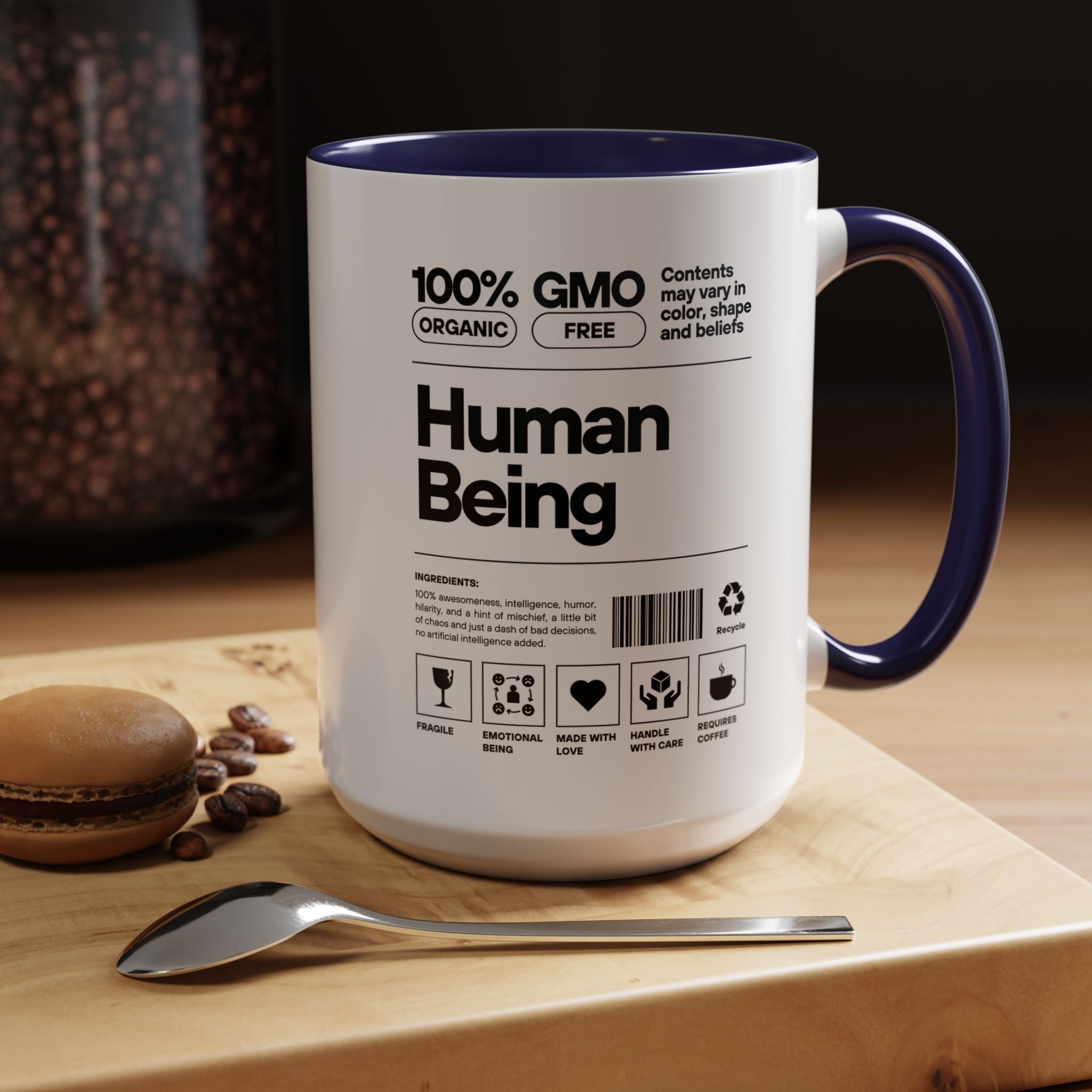 Funny Coffee Mug, Personalized Mug, Human Being Nutrition Facts Accent Cup (11, 15oz), Gift Under 20, White Elephant gift