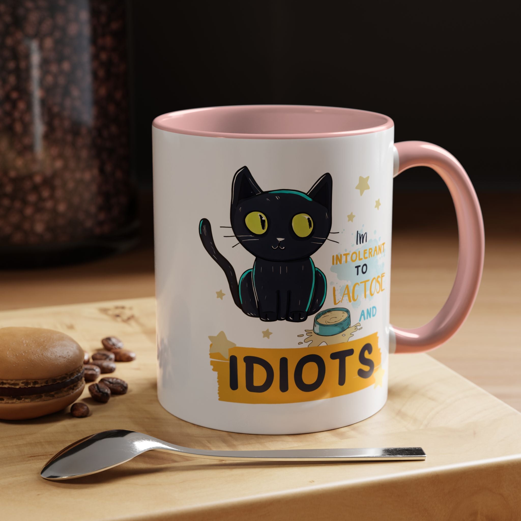 Funny Coffee Mug, Personalized Mug, Cute Cat Intolerant To Lactose and Idiots Accent Cup (11, 15oz), Gift Under 20, White Elephant gift