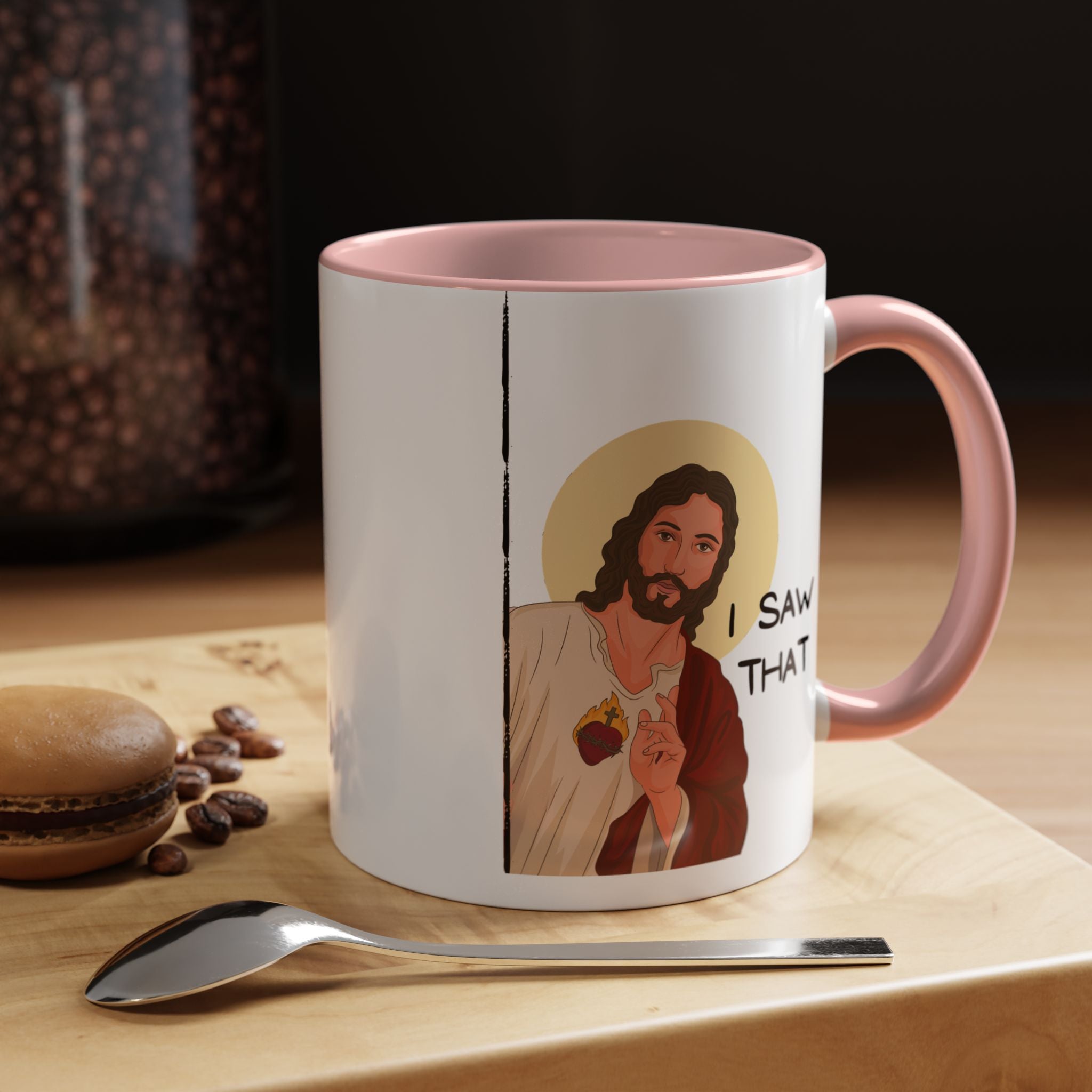 Peeking Jesus, I saw That Funny Coffee Mug, Personalized Mug, Accent Cup (11, 15oz), Gift Under 20, Gift for Atheist, faith based cup