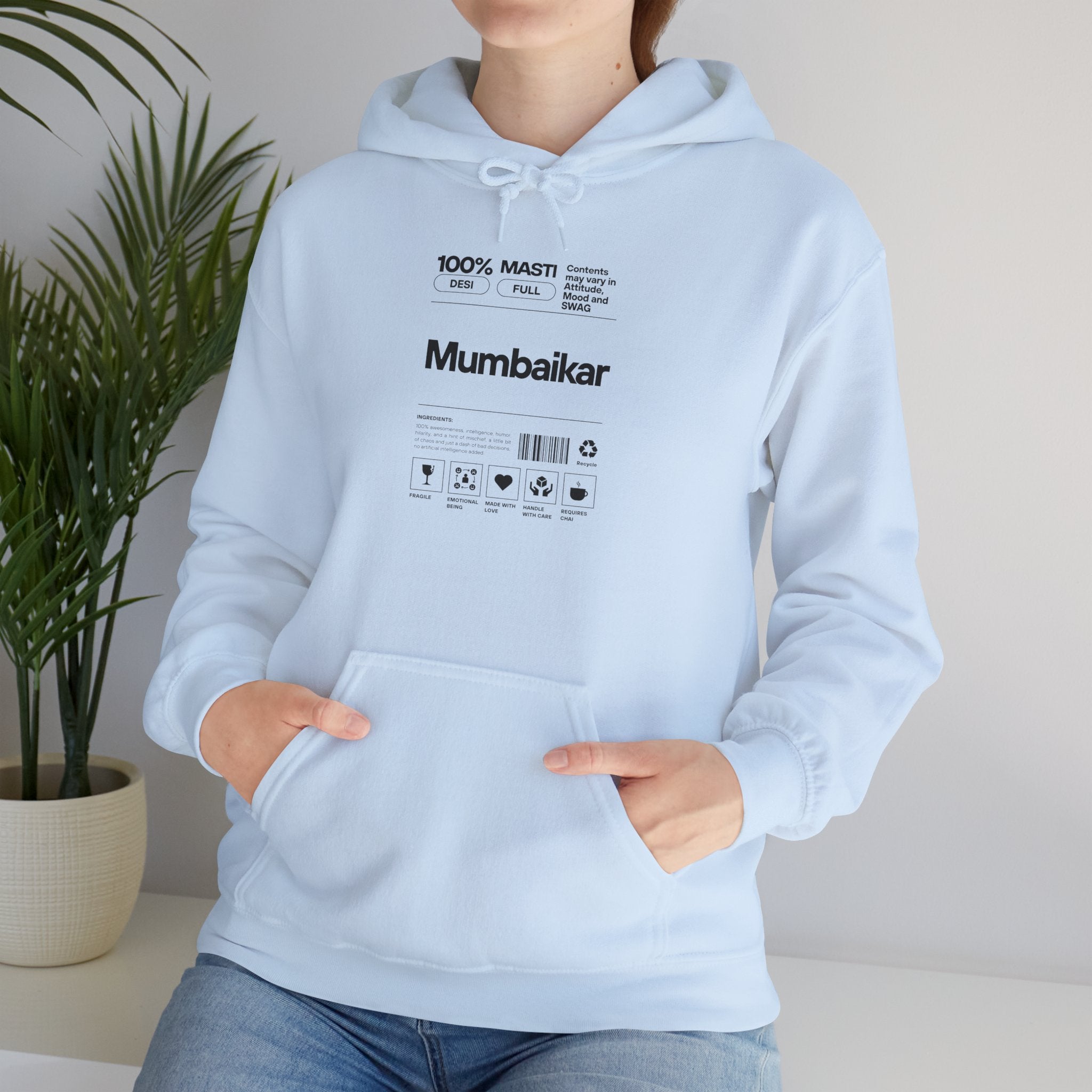 Mumbaikar Label Hoodie — Minimalist White Pullover with 'Mumbaikar' Tag Design