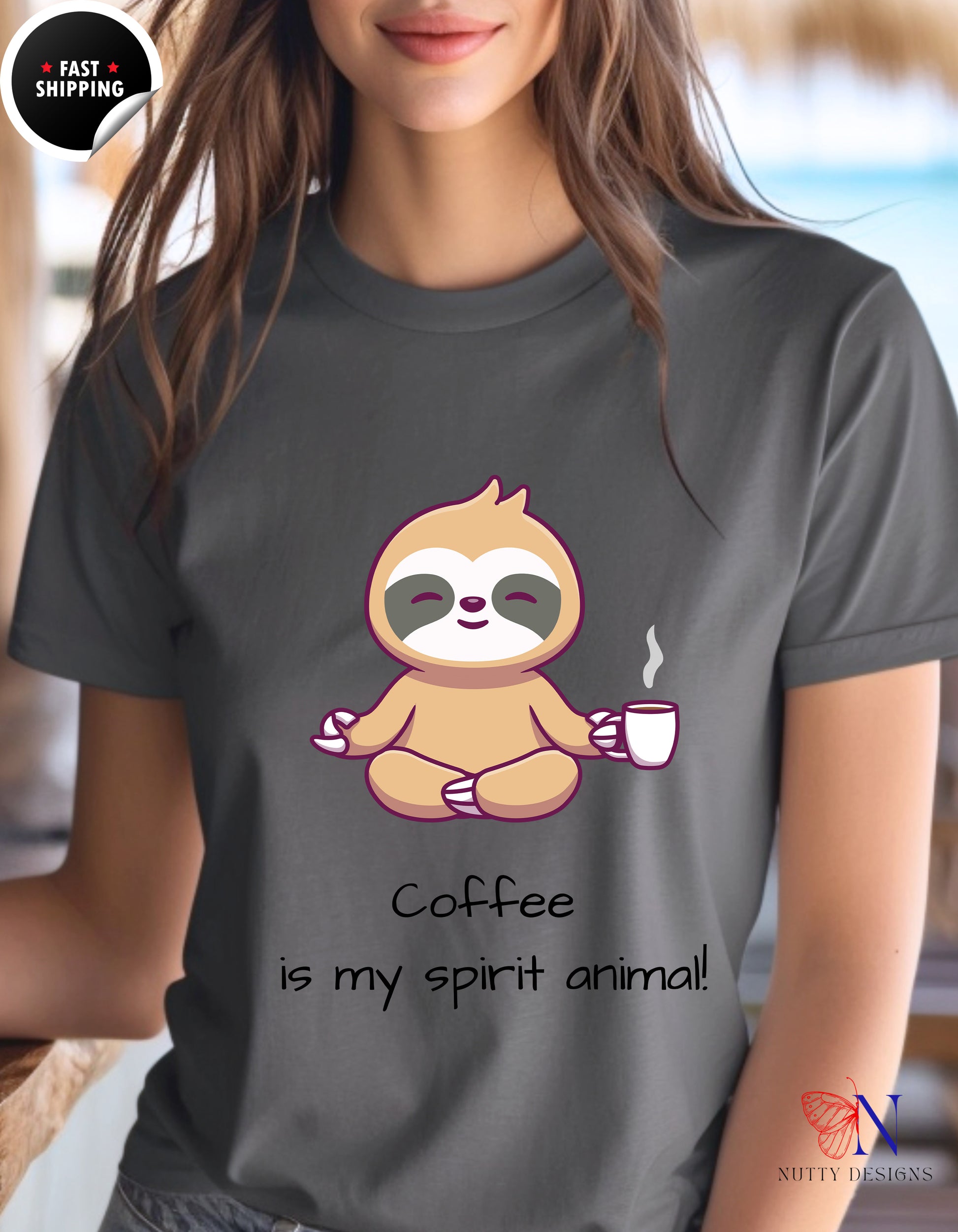 Coffee Is My Spirit Animal – Cute Sloth Coffee Lover T-Shirt Lifestyle Mockup | Nutty Designs