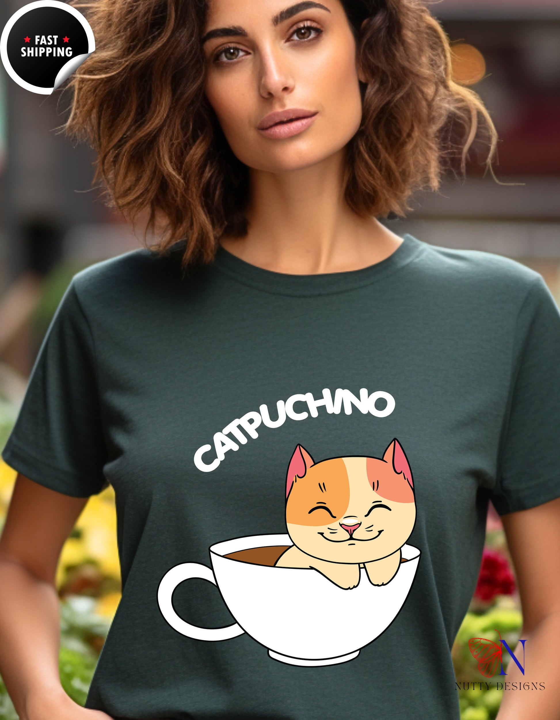 Cat Coffee Lover Shirt, Catpuchino T-Shirt Lifestyle Mockup | Nutty Designs