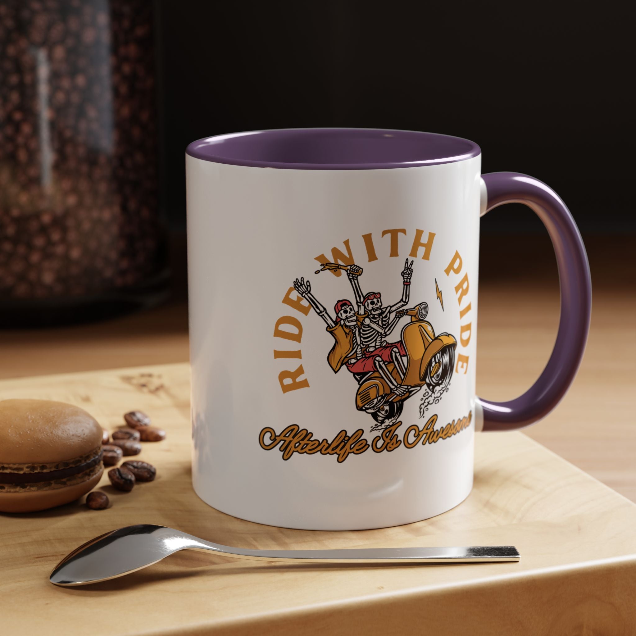 Funny Coffee Mug, Personalized Mug, Ride With Pride Afterlife Is Awesome, Skeleton Accent Cup (11, 15oz), Gift Under 20, White Elephant
