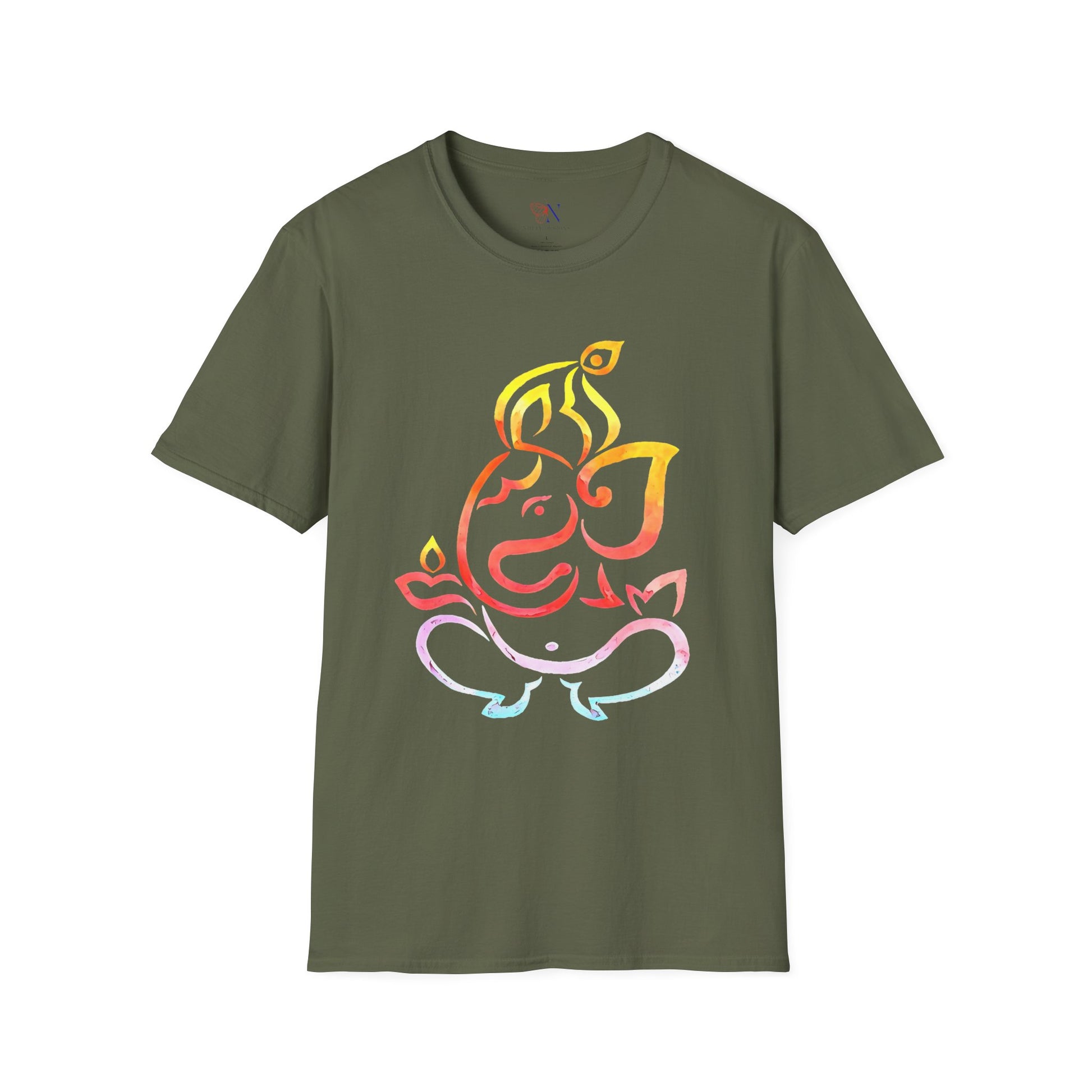 Olive green T-shirt with colorful Ganesha graphic design for men and women