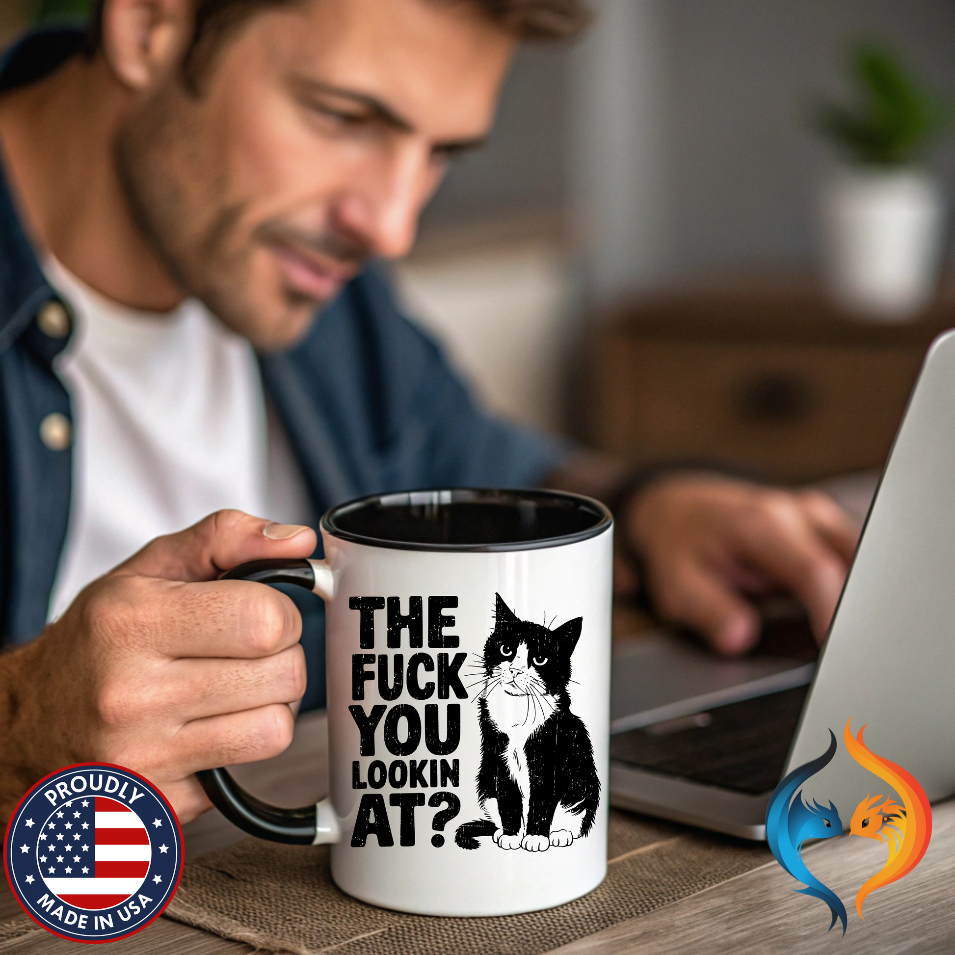 The FUCK You Lookin At Mug Lifestyle Mockup | Nutty Designs