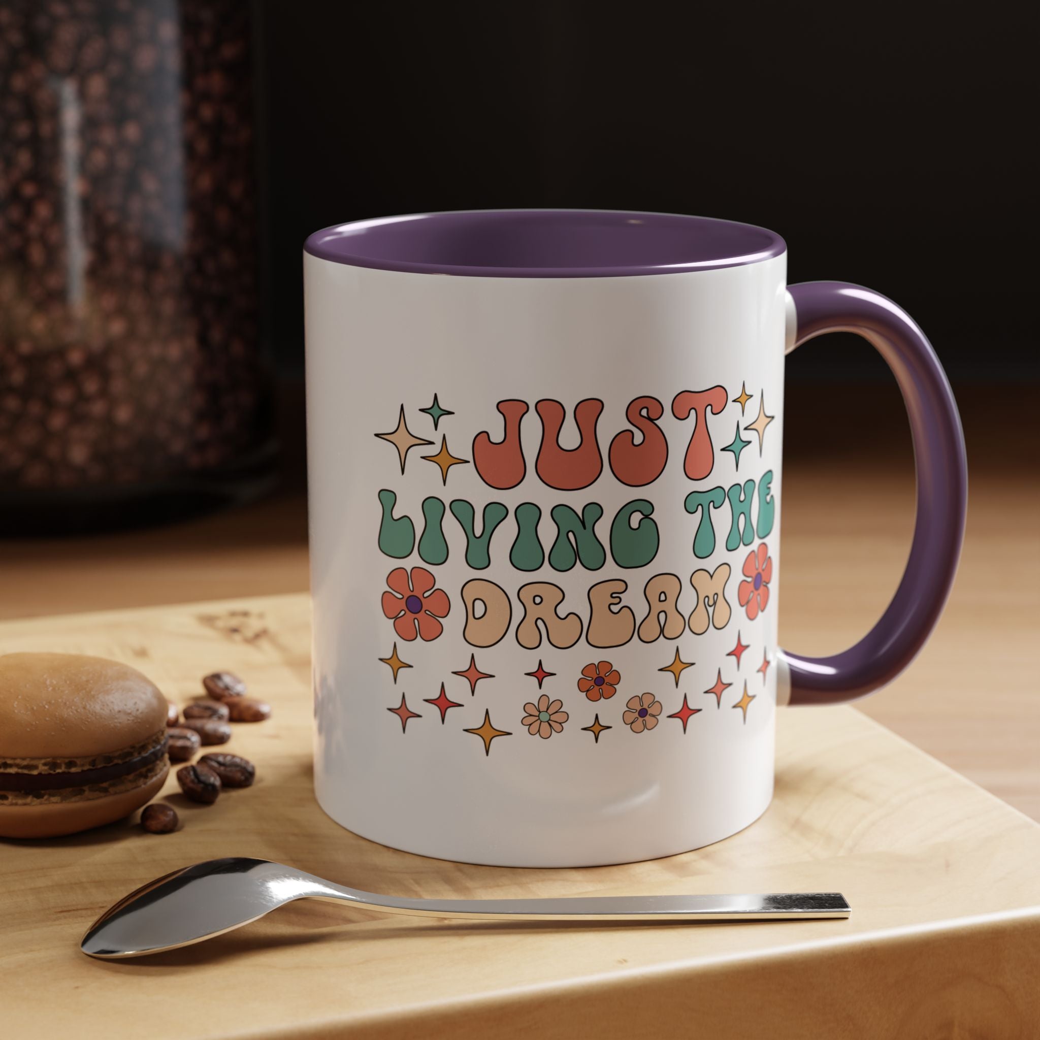 Personalized Mug, Just Living The Dream Accent Cup (11, 15oz), Gift Under 20, White Elephant, Positivity Motivational Mug, Happy Vibes