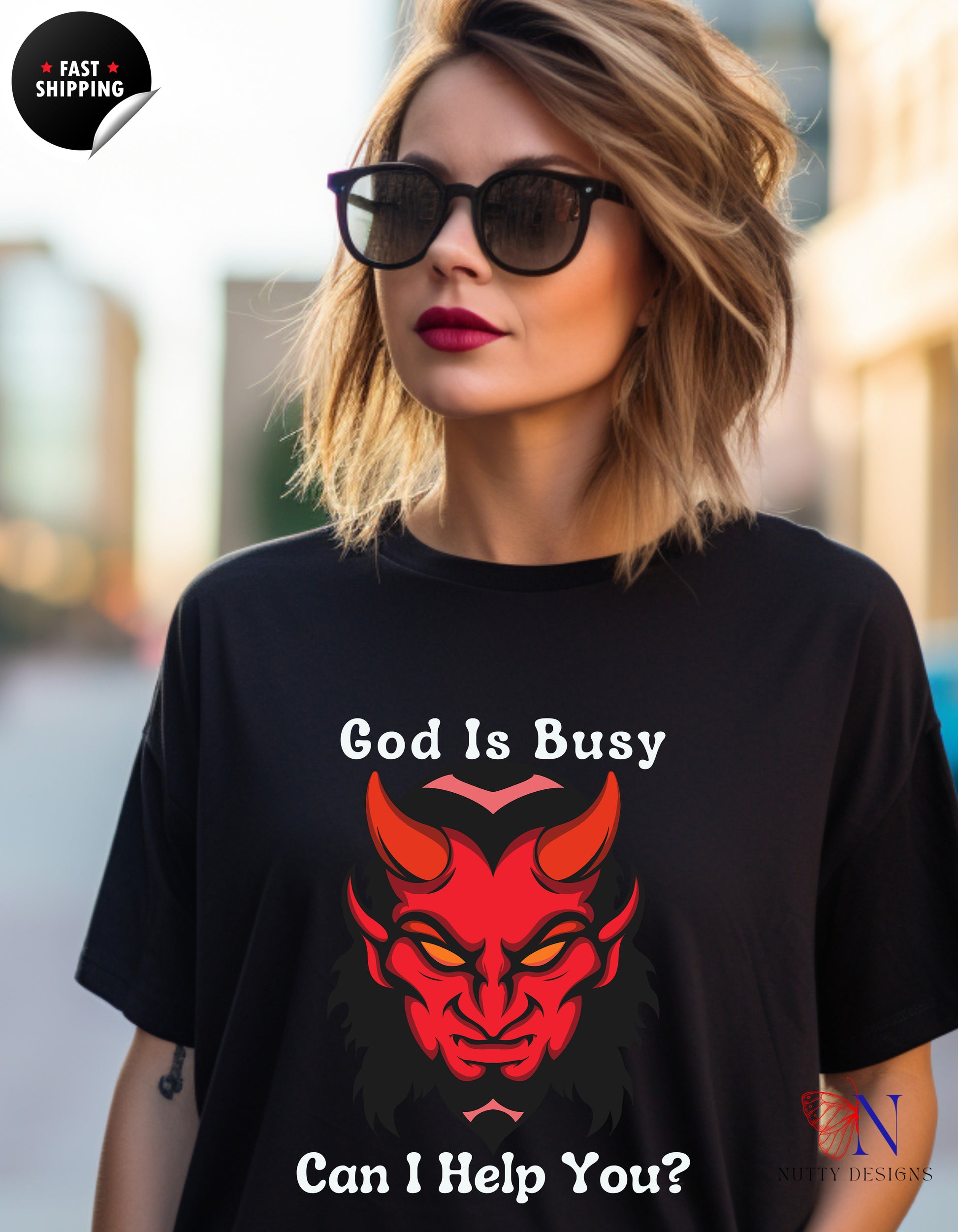 God Is Busy Dark , atheist religious T-Shirt Lifestyle Mockup | Nutty Designs