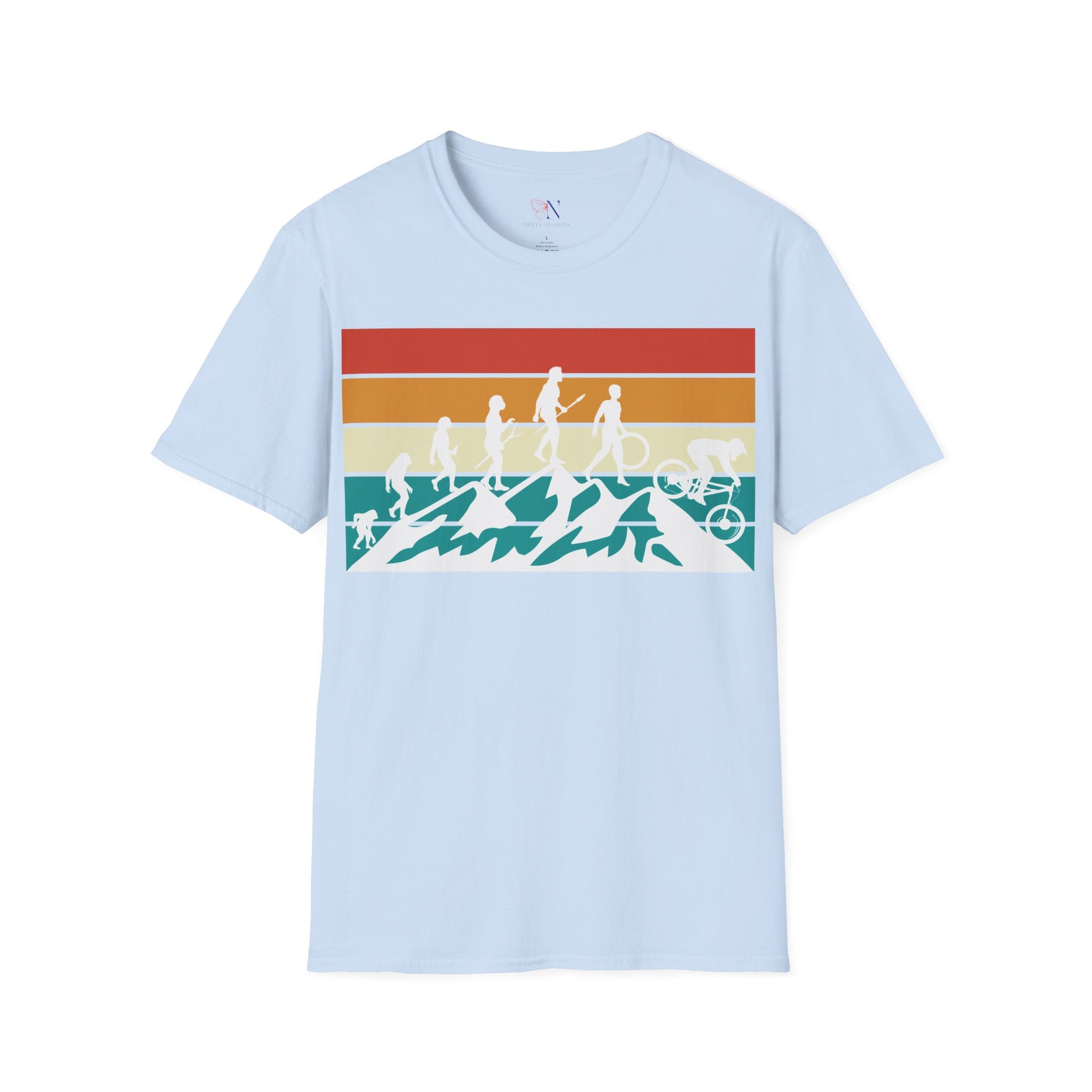 Mountain Biking Retro T-shirt with evolution graphic, perfect cyclist gift for bike lovers and mountain bike enthusiasts.