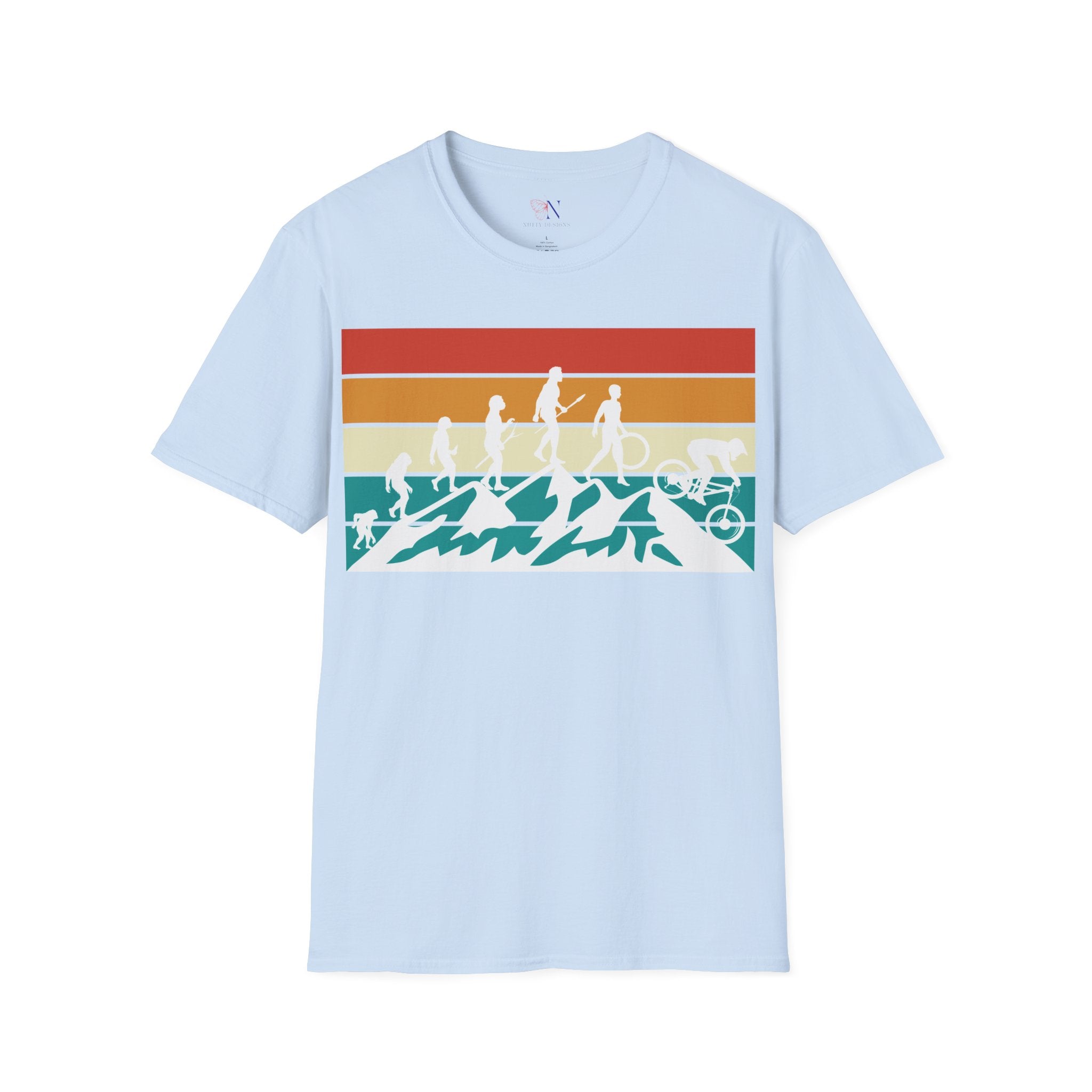 Mountain Biking Retro T-shirt with evolution graphic, perfect cyclist gift for bike lovers and mountain bike enthusiasts.