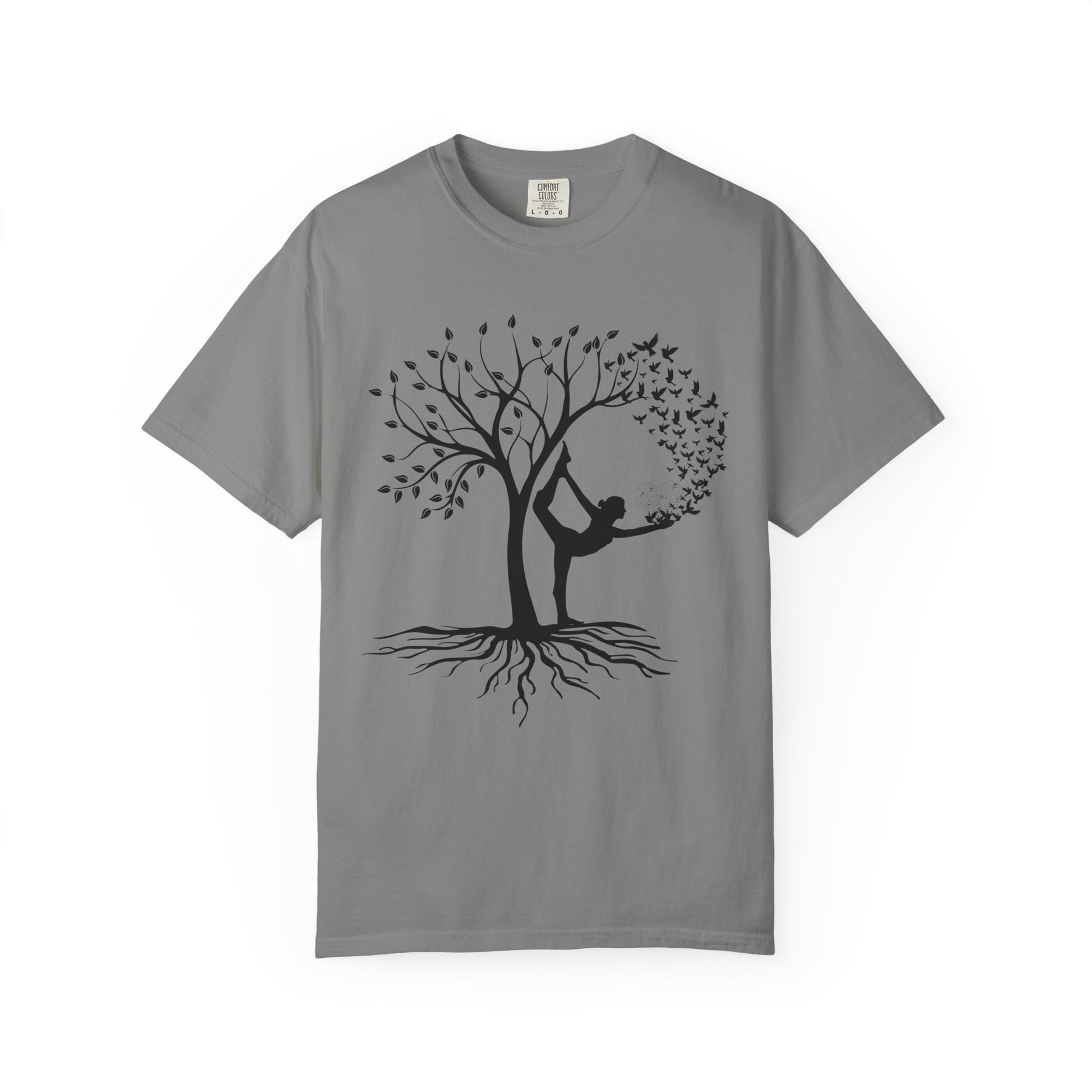 Grey yoga graphic tee with tree and yoga pose design, calming and motivational t-shirt for meditation and daily practice.
