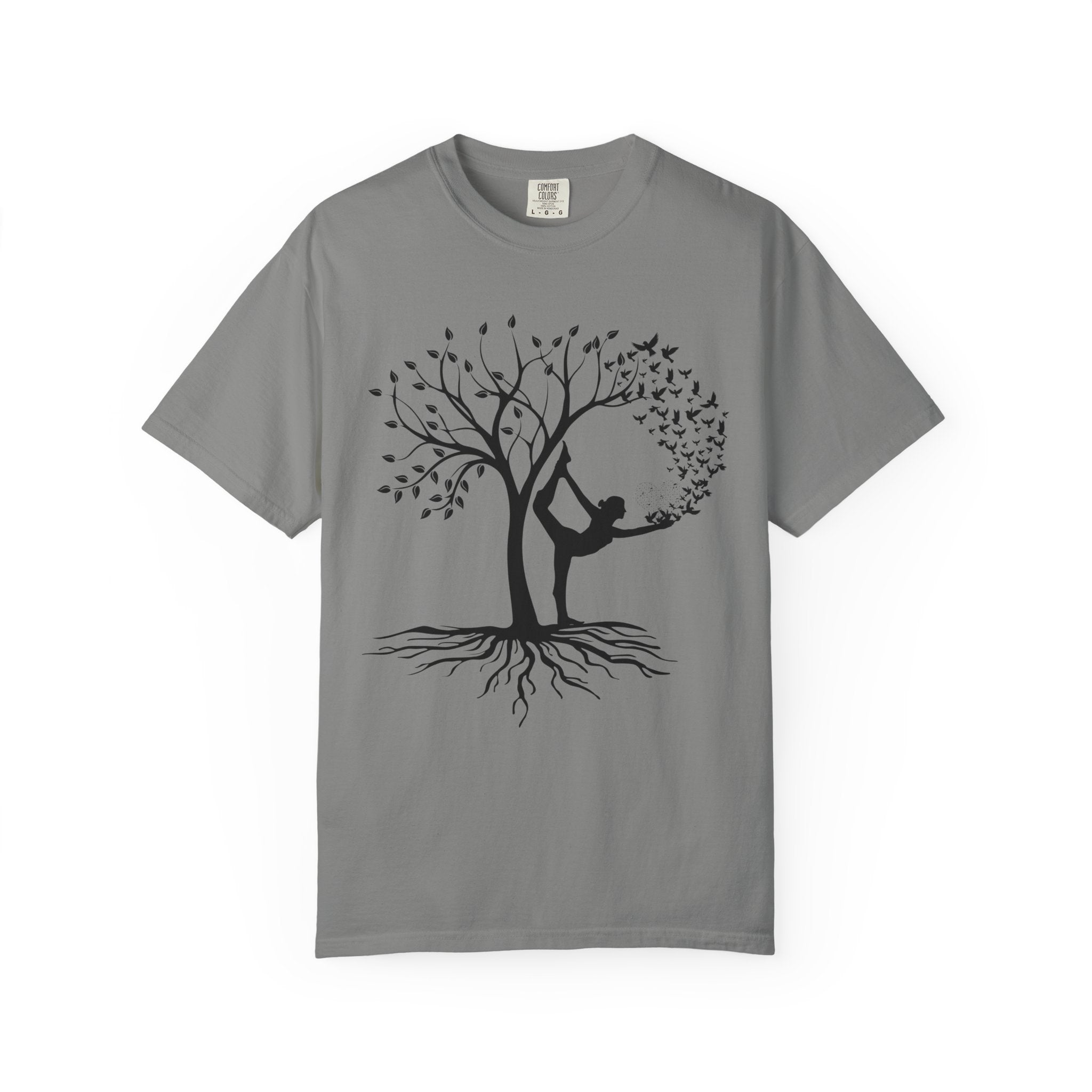 Grey yoga graphic tee with tree and yoga pose design, calming and motivational t-shirt for meditation and daily practice.