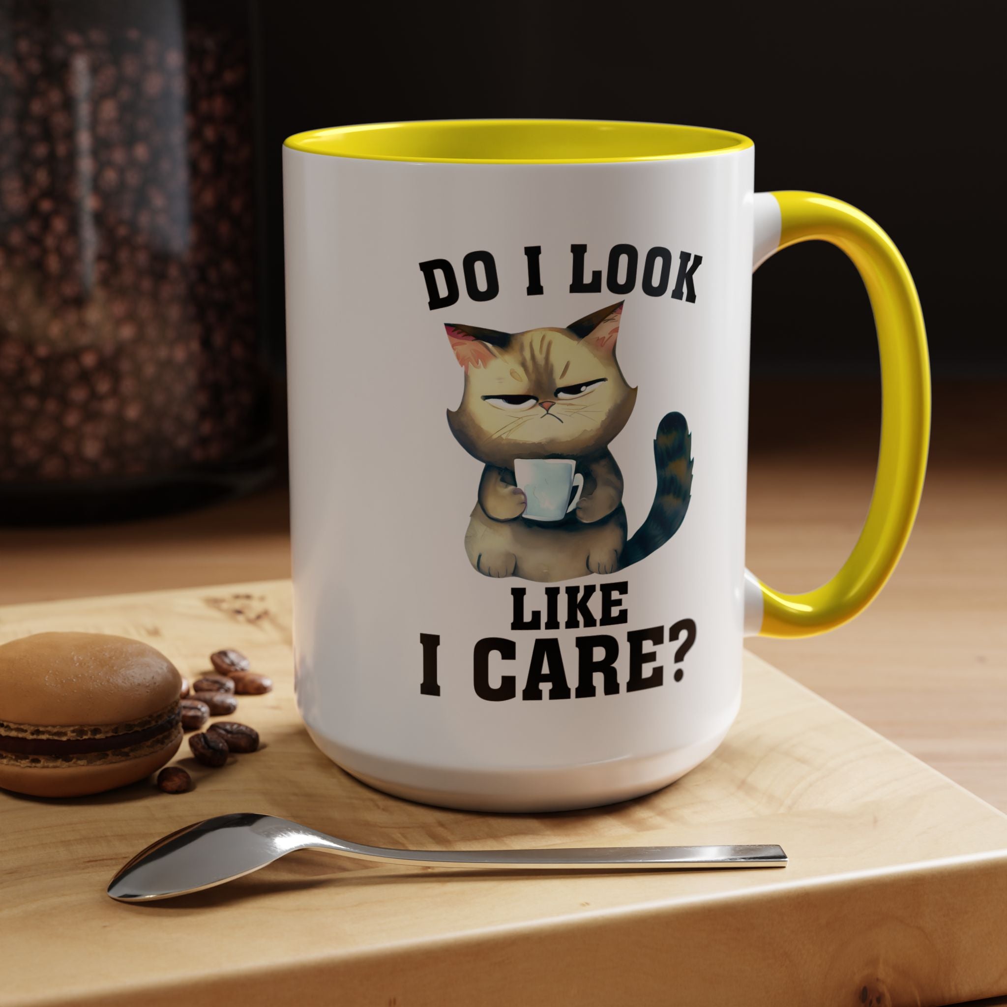 Funny Coffee Mug, Personalized Mug, Grumpy Cat DO I Look Like I Care Accent Cup (11, 15oz), Gift Under 20, White Elephant gift